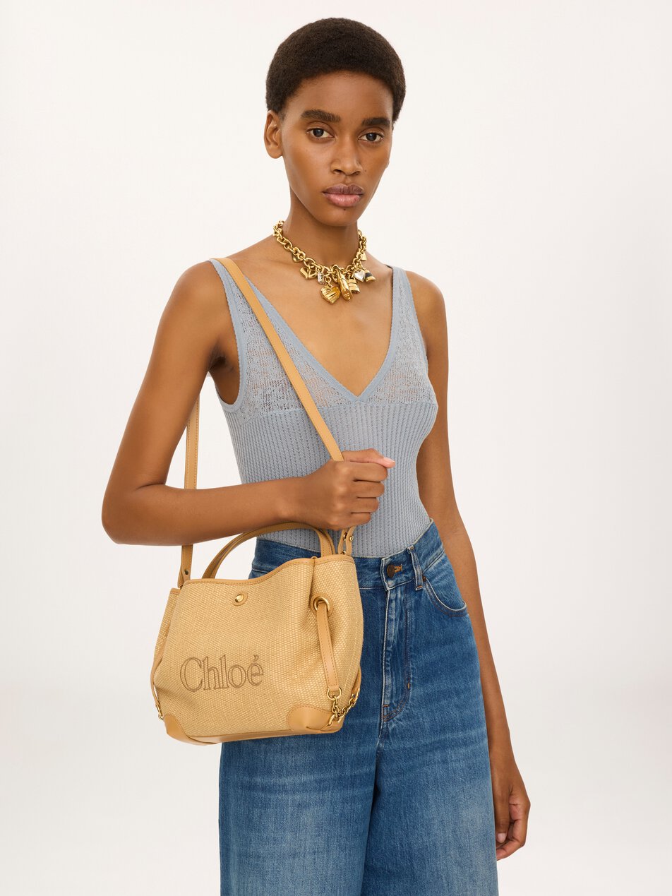 CHLOE Small Chloé Clover double carry bag in raffia-effect fibers Bleached Brown