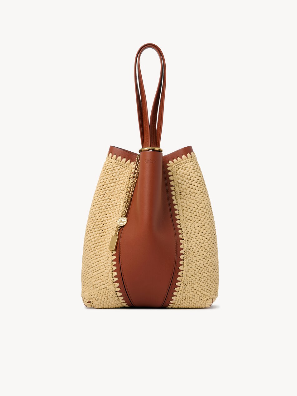 CHLOE Spin tote bag in raffia-effect & leather Clay Brown