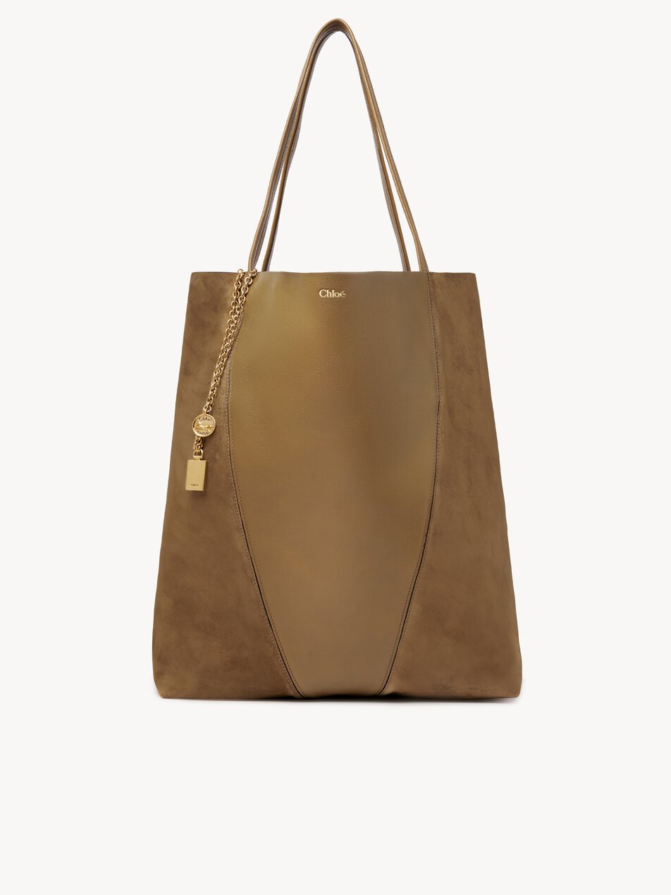 CHLOE Large Chloé Spin tote bag in grained & suede leather Dark Khaki