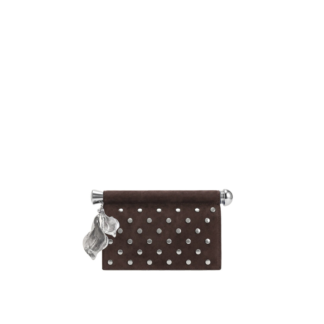 JW PEI Holly Faux Suede Studded Metal Pendant Embellished Clutch - Dark Brown