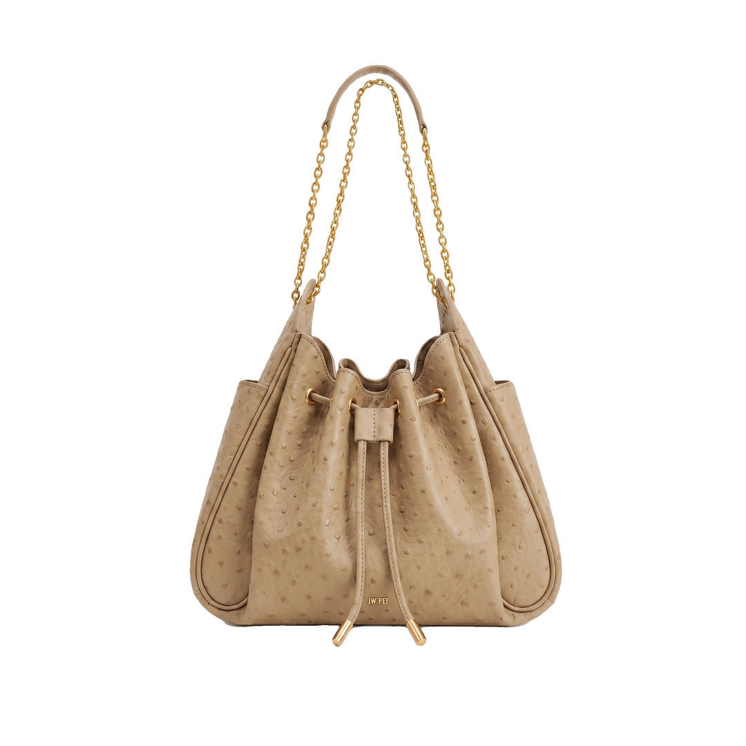 JW PEI Rowan Faux Ostrich Grain Ruched Drawstring Chain Bucket Bag - Oak Brown