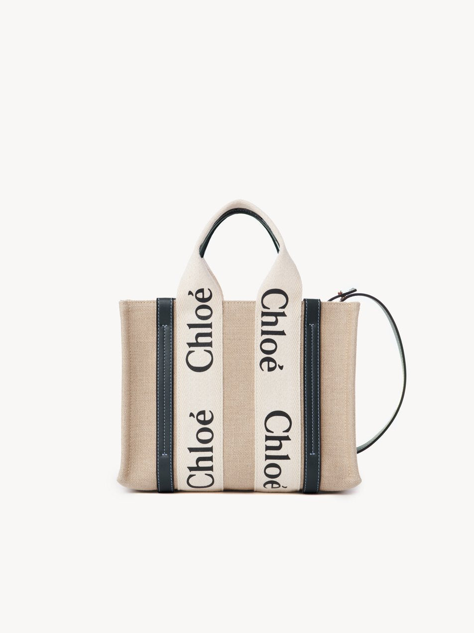 CHLOE Small Woody tote bag in linen White - Blue