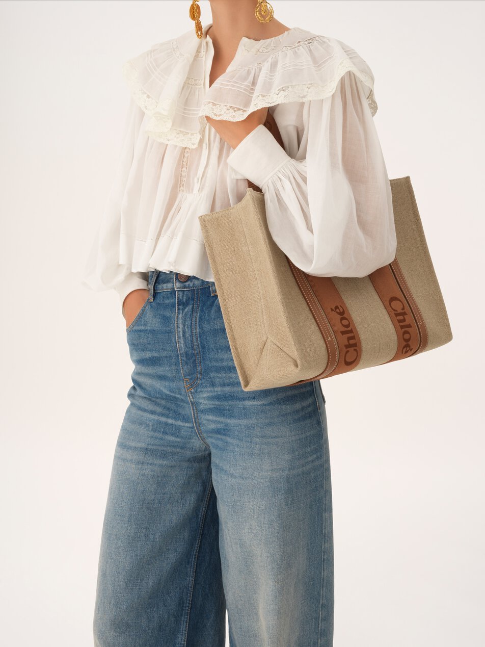 CHLOE Woody tote bag in linen Dusty Tan