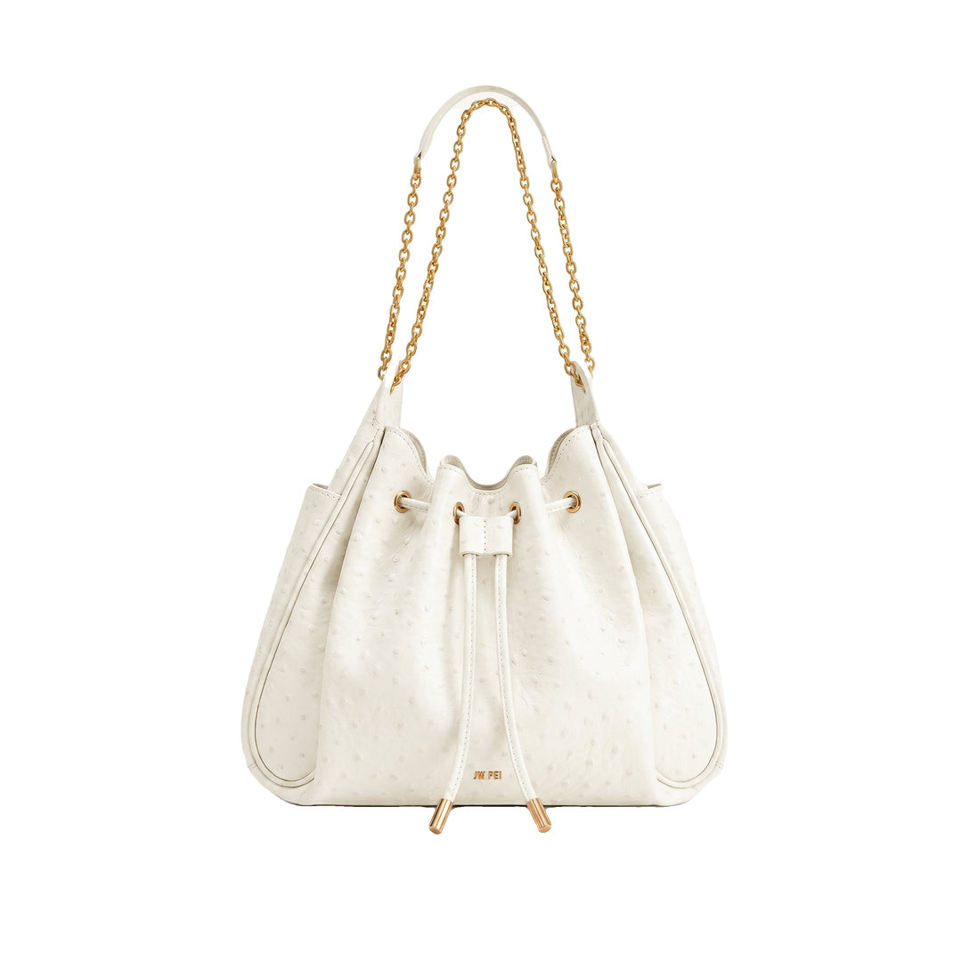 JW PEI Rowan Faux Ostrich Grain Ruched Drawstring Chain Bucket Bag - Cream White