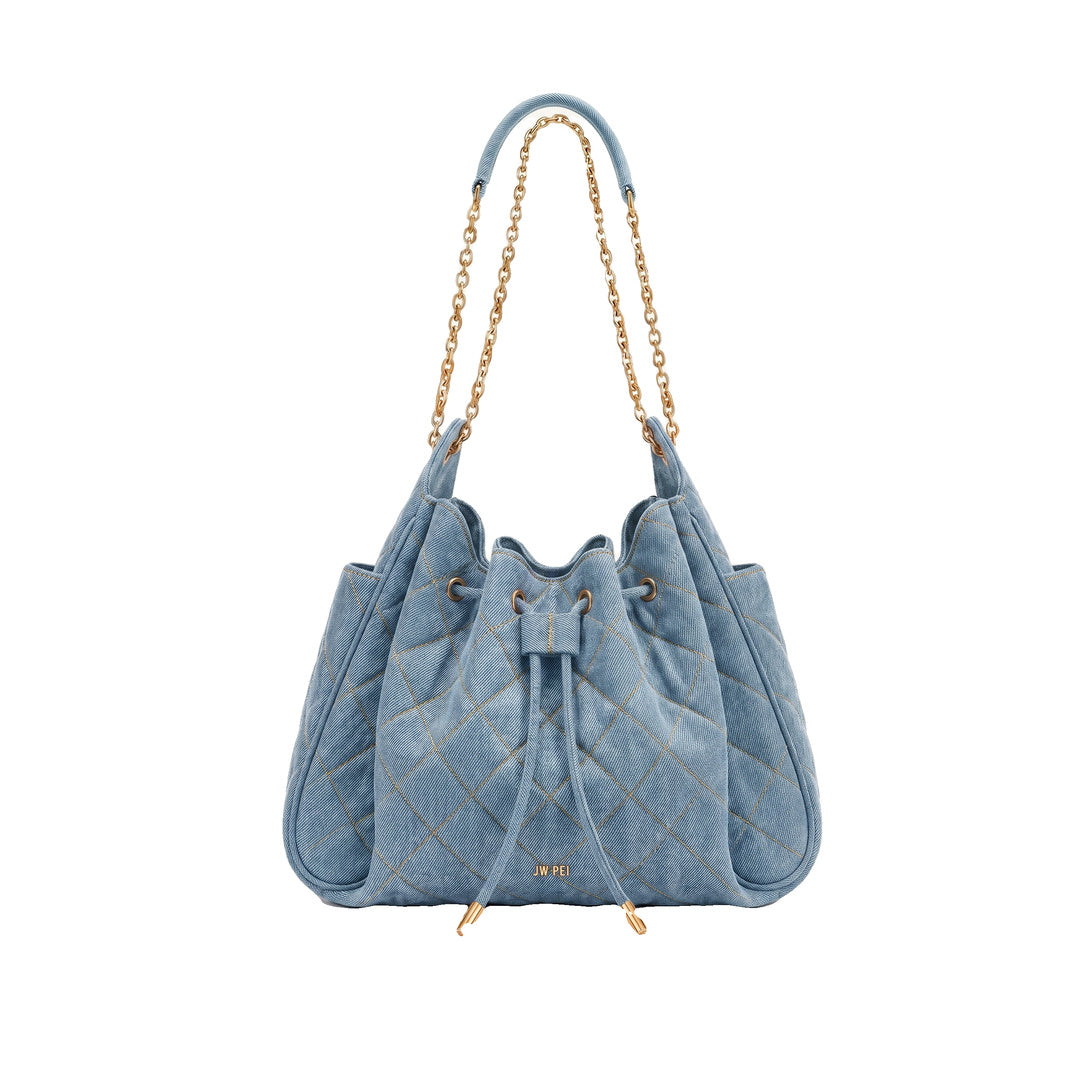 JW PEI Rowan Ruched Quilting Drawstring Chain Bucket Bag - Blue Denim