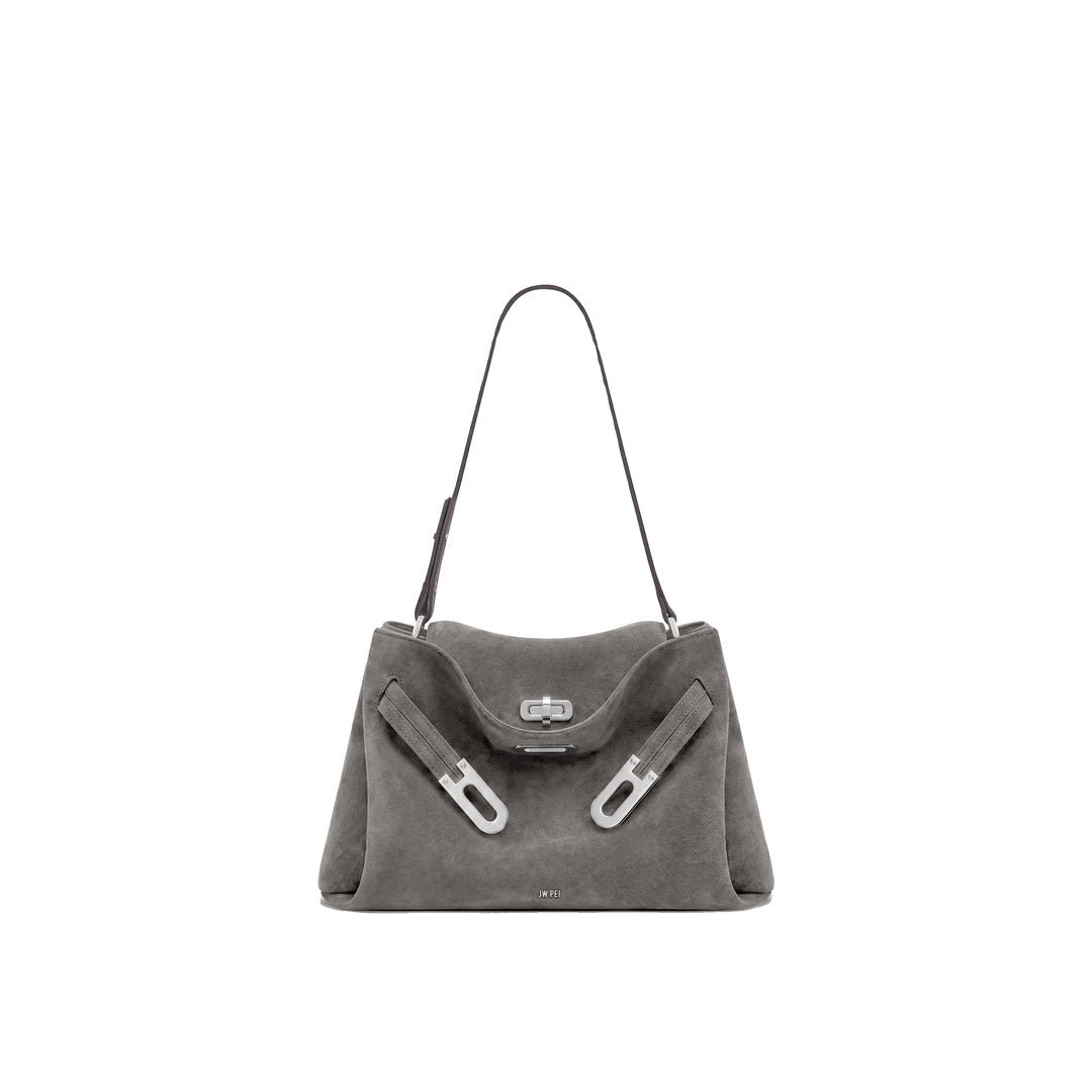 JW PEI Rhea Faux Suede Double Buckle Shoulder Bag - Grey