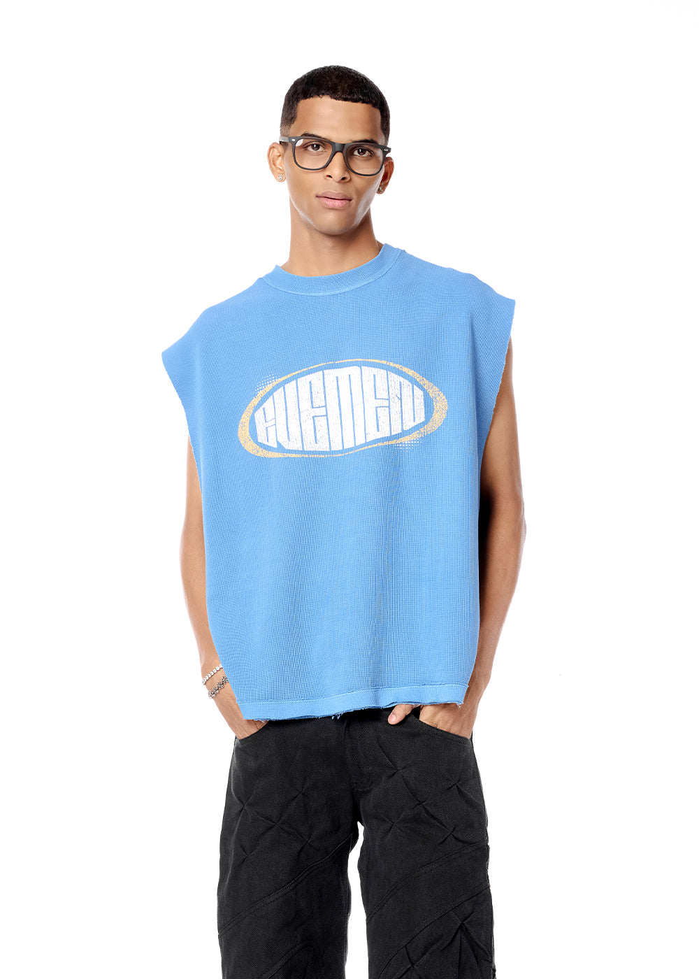 Man wearing a light blue sleeveless shirt with a graphic design on a white background - Crepdog Crew