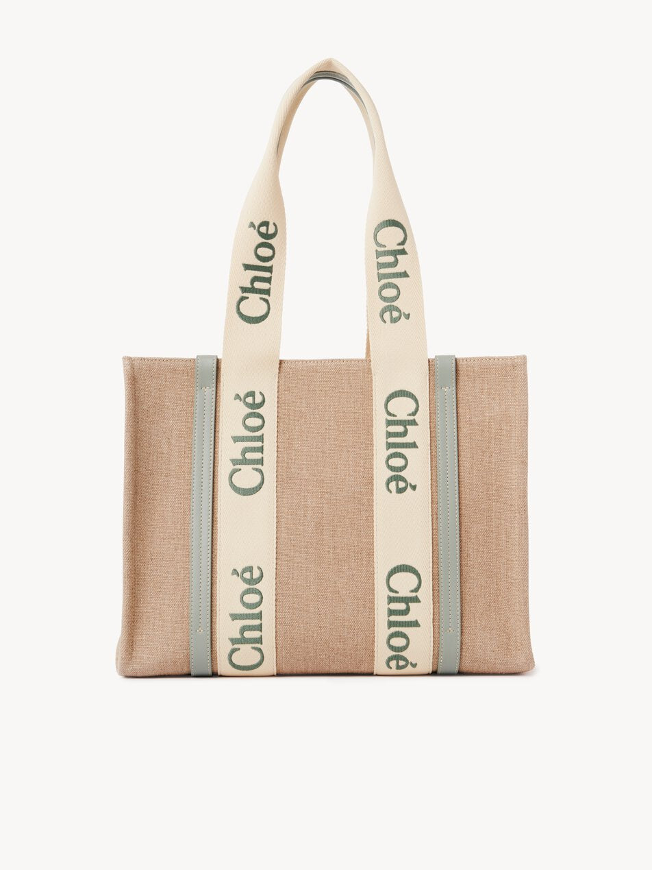 CHLOE Woody tote bag in linen Bluish Green