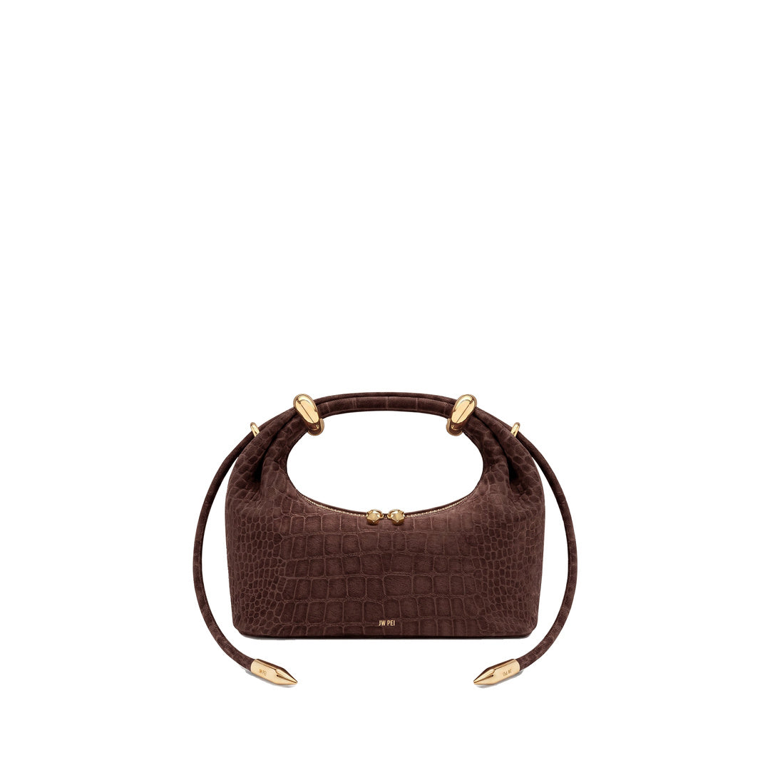 JW PEI Ellie Faux Suede Metal Ring Embellished Top Handle Bag - Chocolate Brown Croc