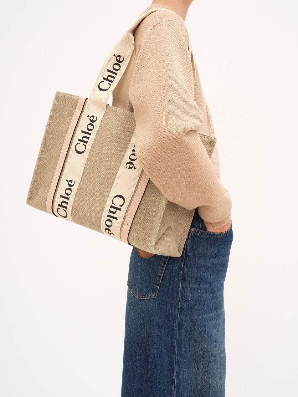 CHLOE Woody tote bag in linen Cement Pink