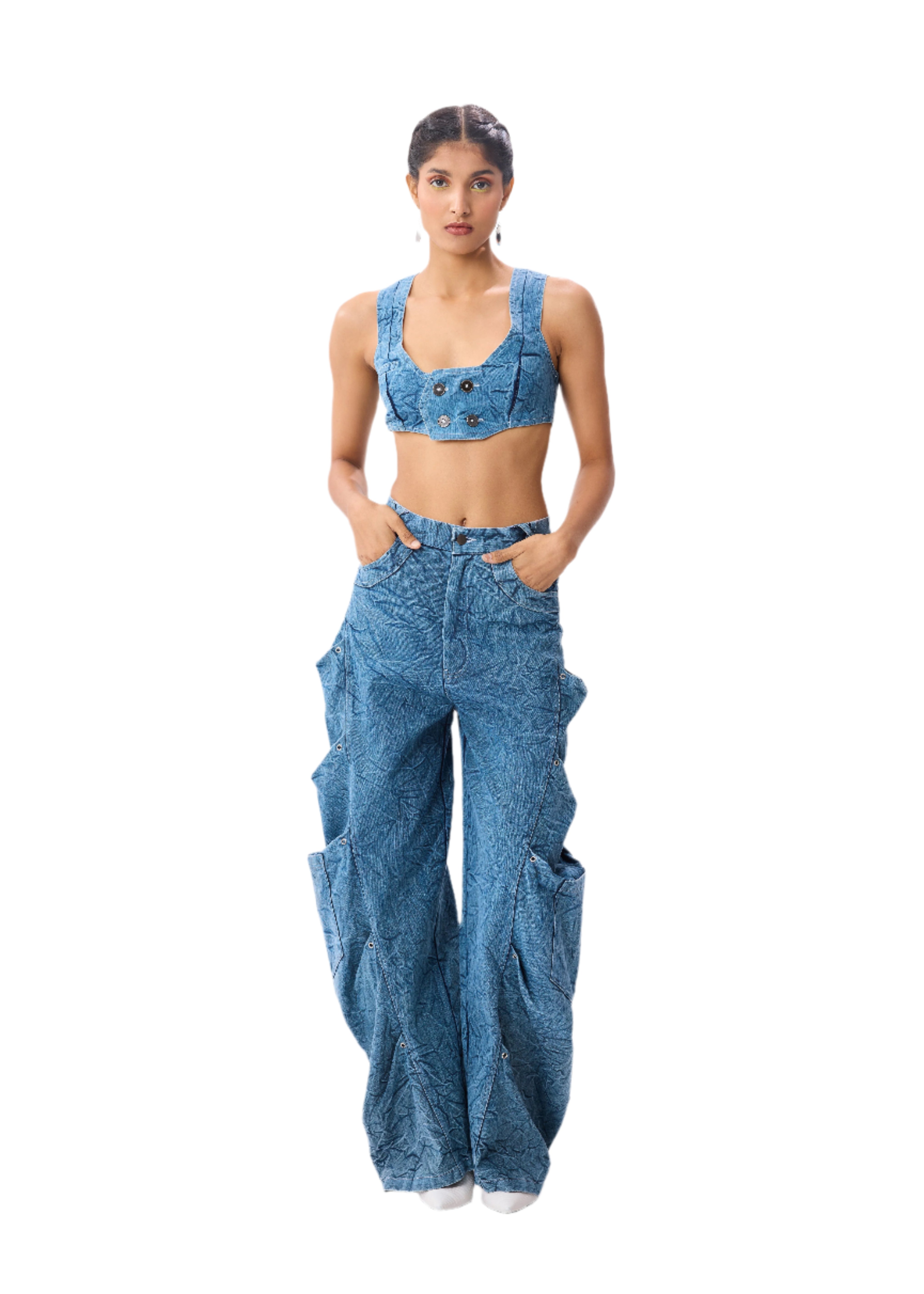 Denim Vest + Baggy Cargo Pants Set