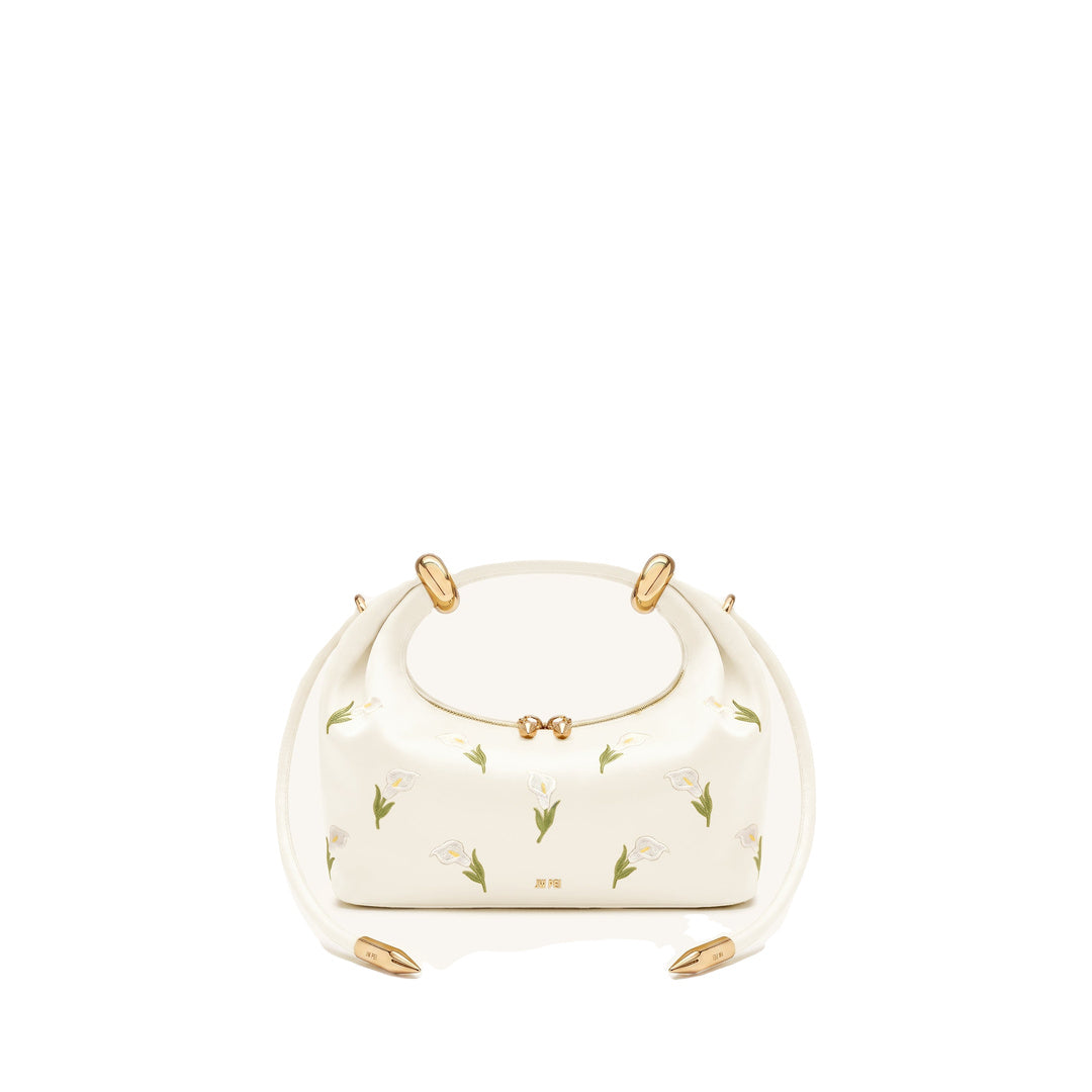 JW PEI Ellie Satin Finish Embroidered Metal Ring Embellished Top Handle Bag - White
