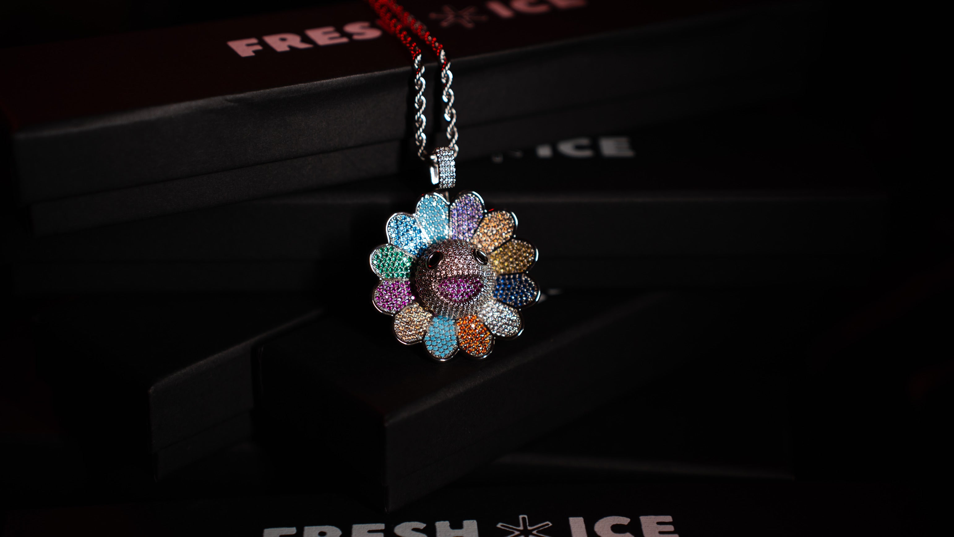 Spinning Murakami Flower Iced Out pendant in 14k White Gold