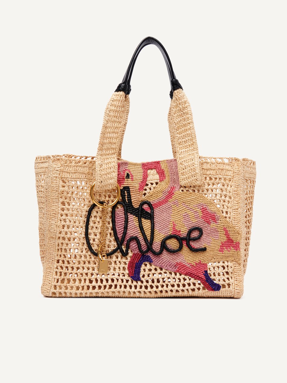 CHLOE Summer Banana east-west tote bag in raffia Multicolor Beige