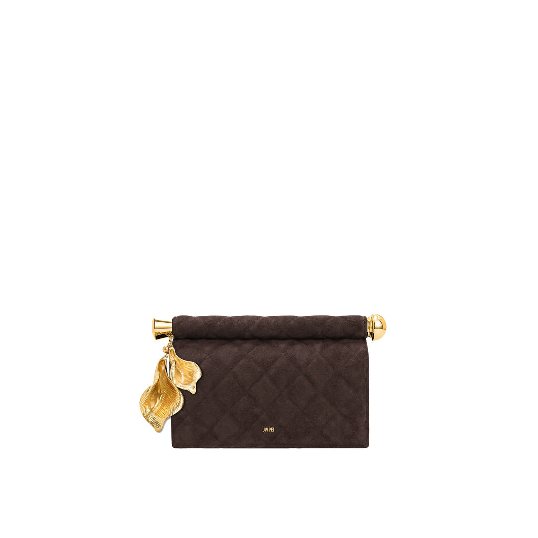 JW PEI Holly Faux Suede Quilting Metal Pendant Embellished Clutch - Dark Brown