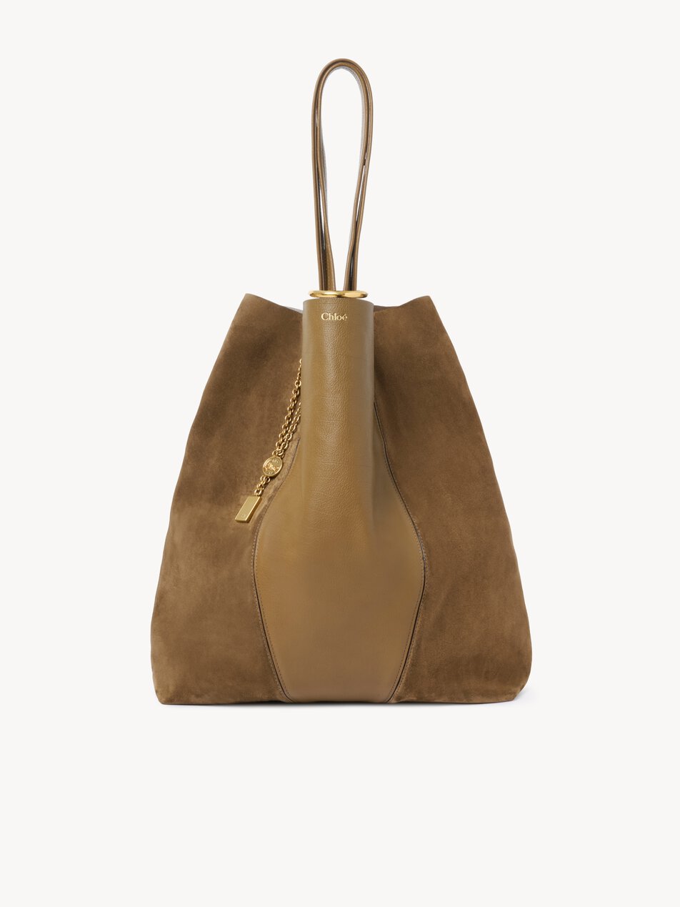 CHLOE Large Chloé Spin tote bag in grained & suede leather Dark Khaki