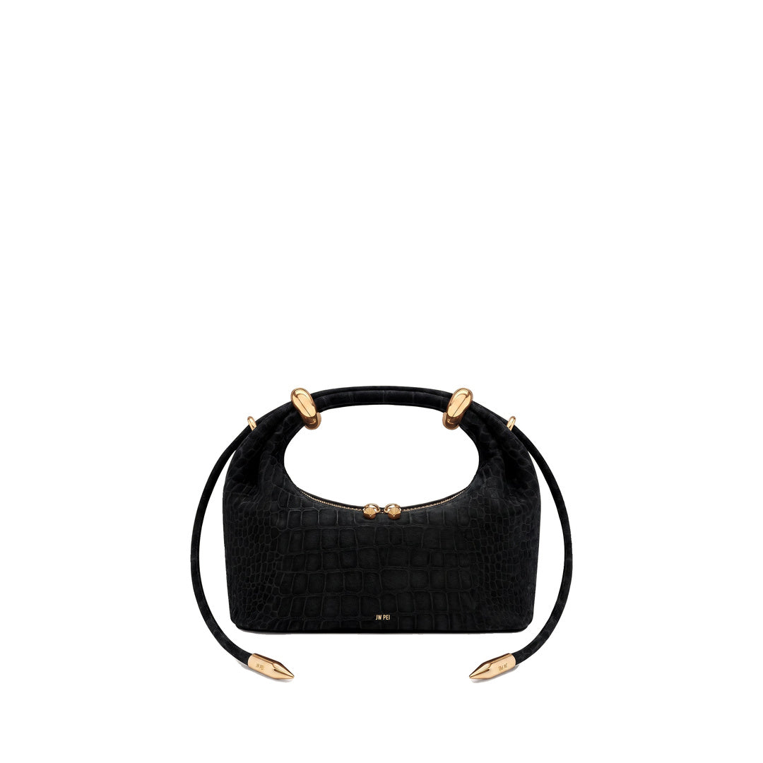 JW PEI Ellie Faux Suede Metal Ring Embellished Top Handle Bag - Black Croc