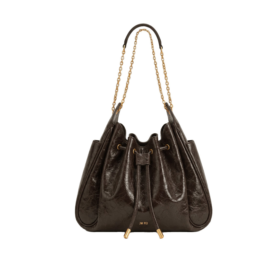 JW PEI Rowan Ruched Drawstring Chain Bucket Bag - Chestnut Brown