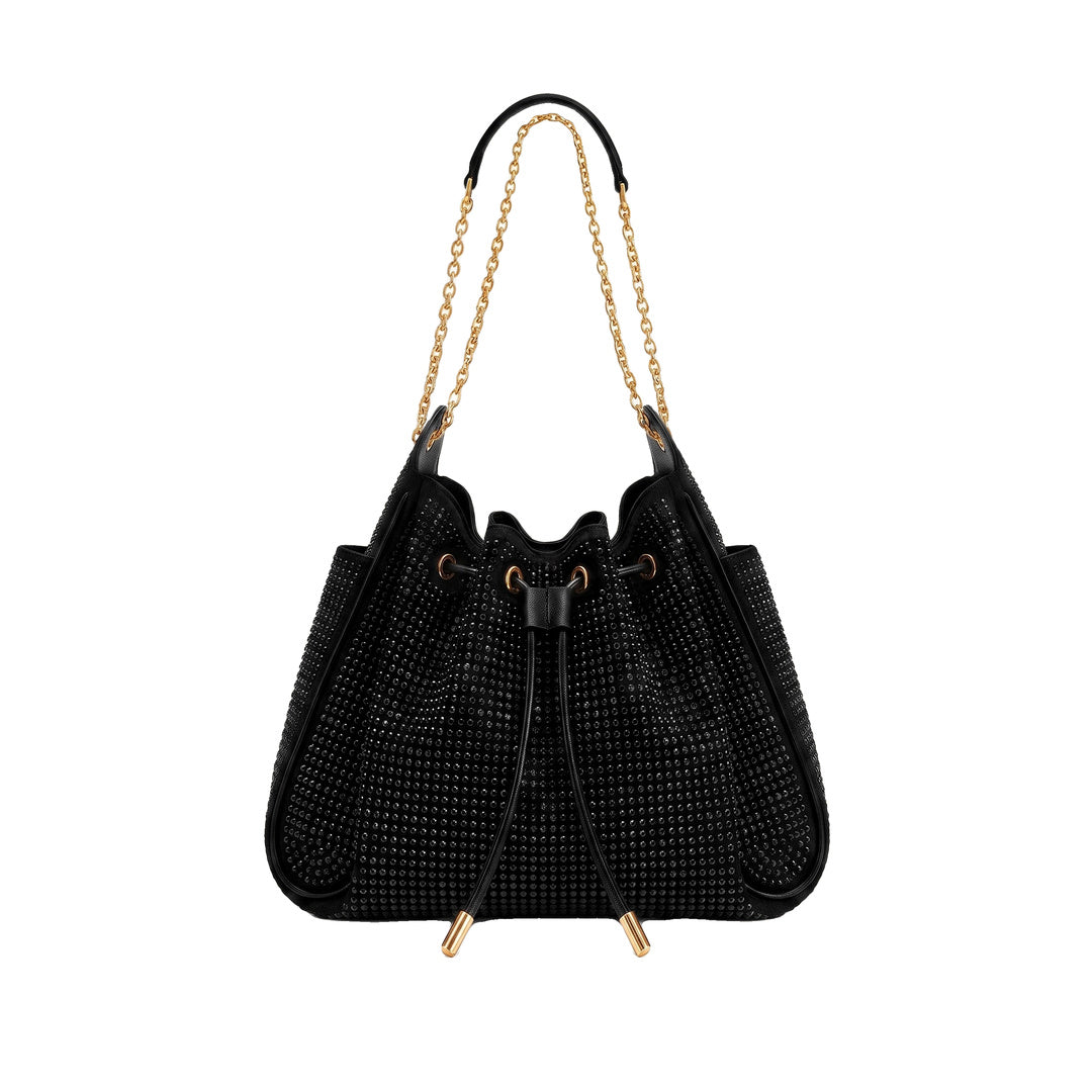 JW PEI Rowan Artificial Crystal Ruched Drawstring Chain Bucket Bag - Obsidian