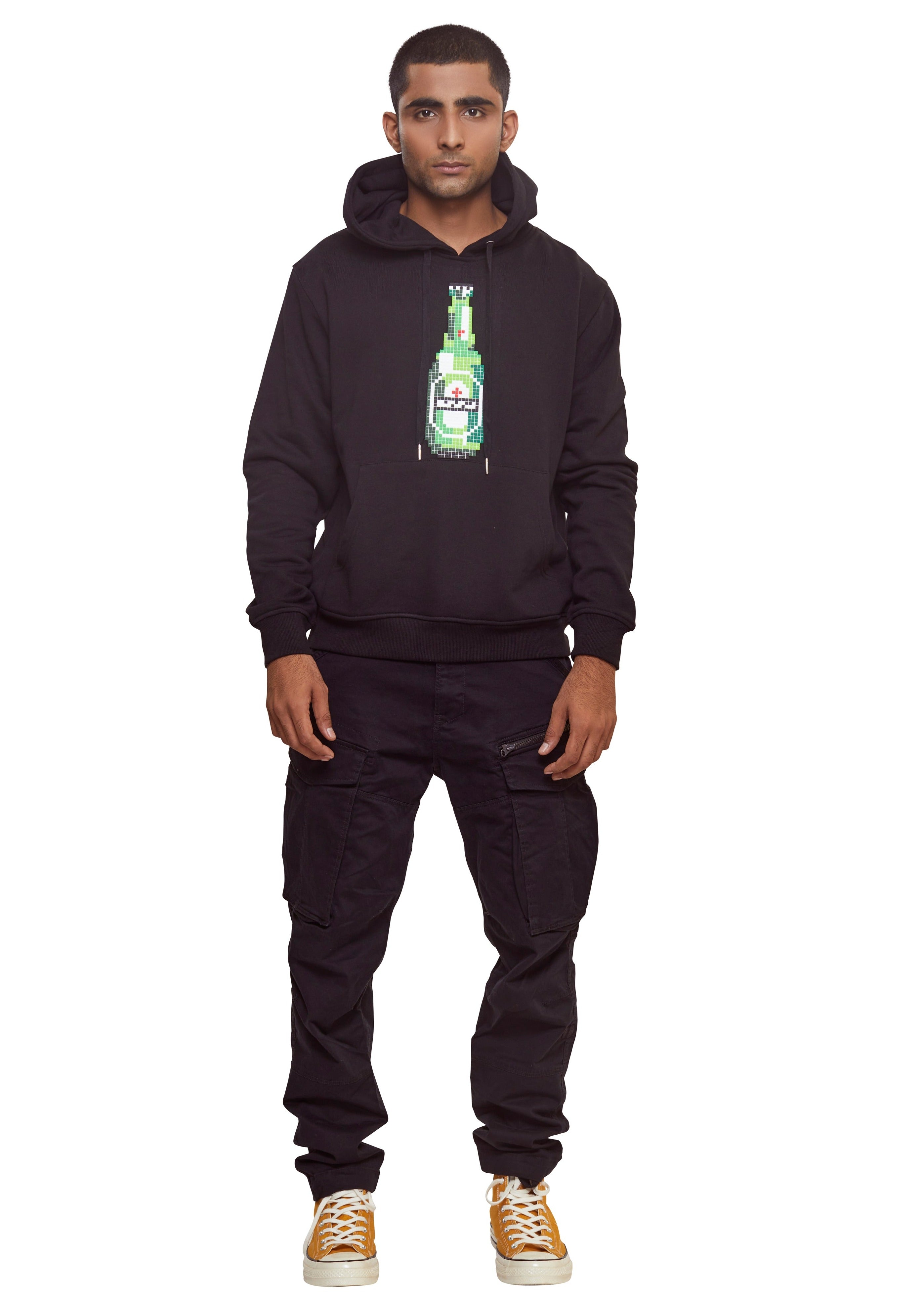 Black hoodie with draw strings and cuff sleeves that has a graphic green bottle print at the front and a slogan print at the back from the brand 8-Bit