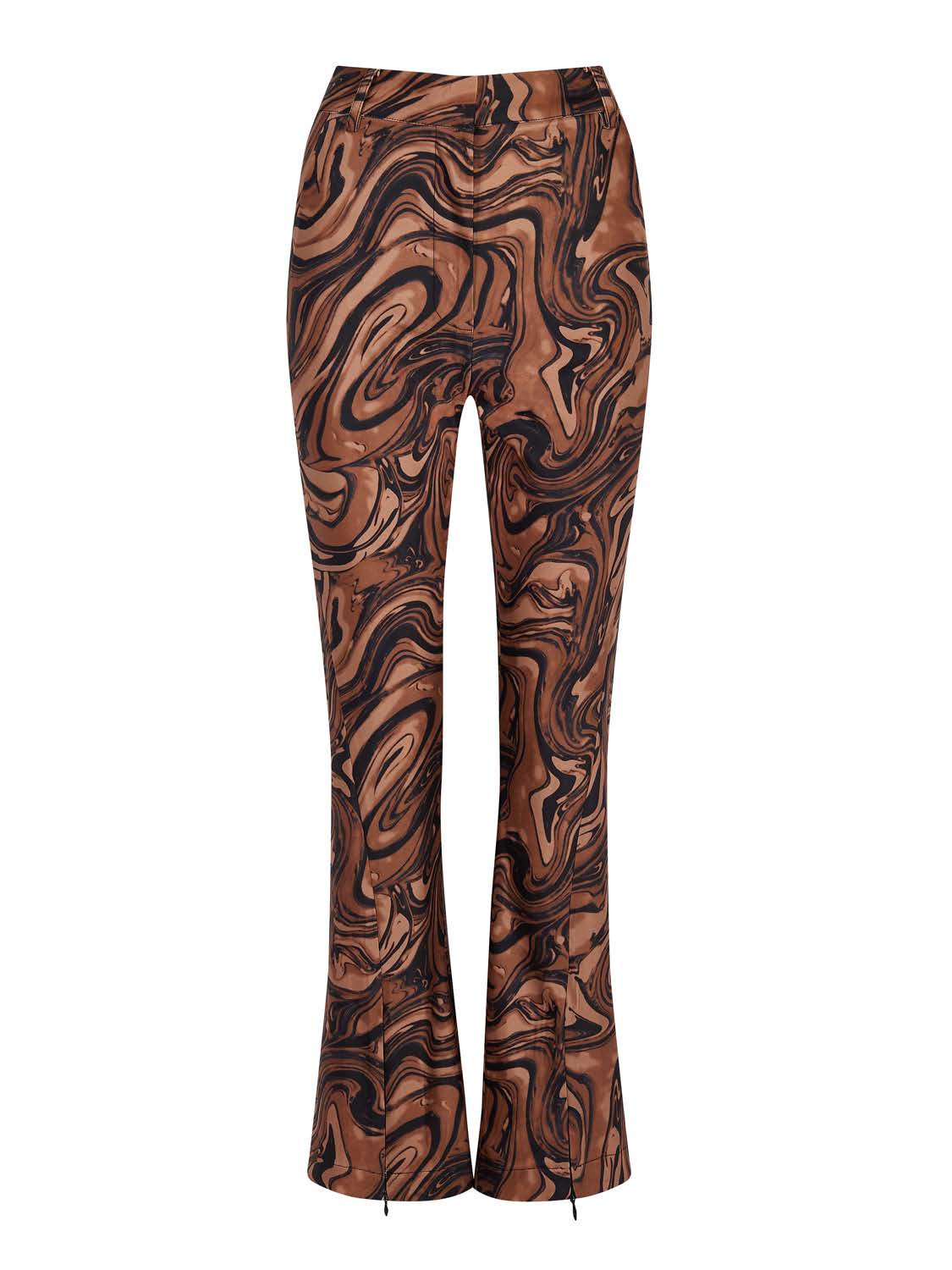 Brown stretchy high waisted flared trousers with an abstract print from House of sunny