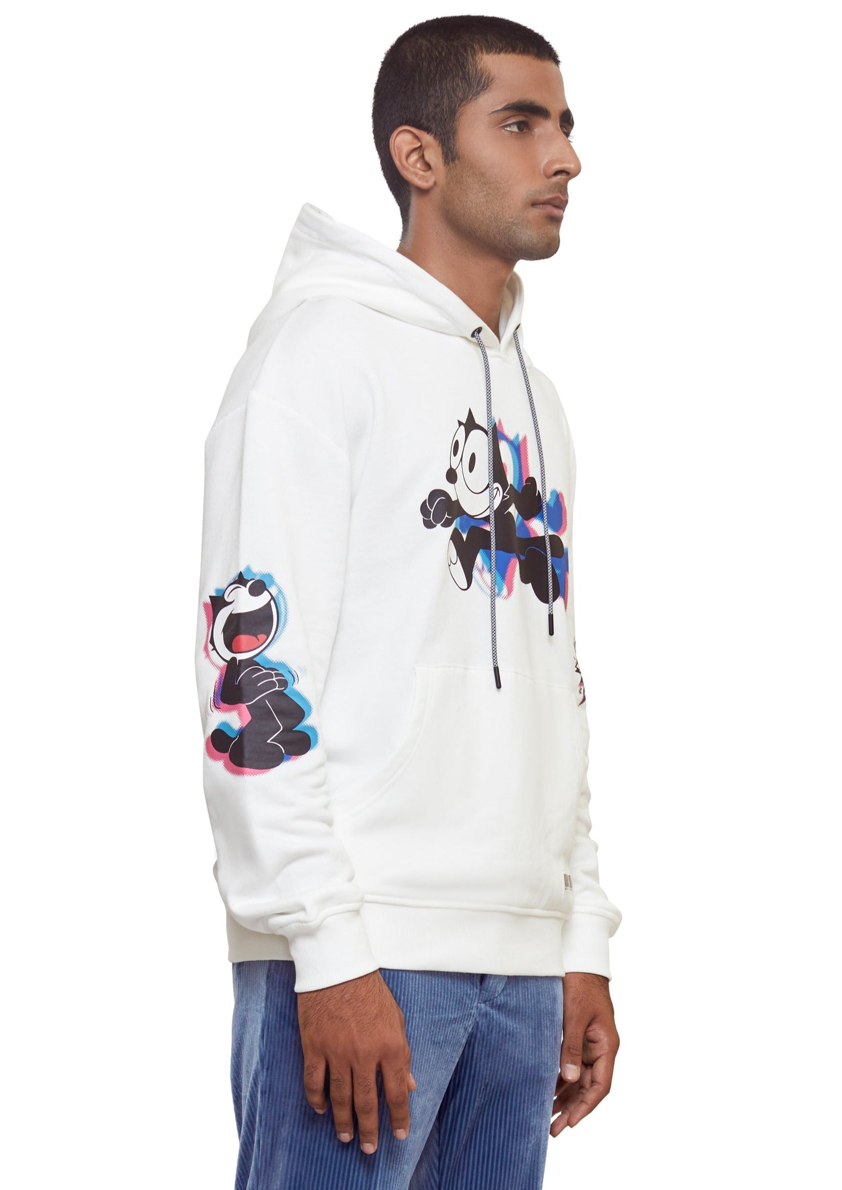 White Blurry felix the cat print Drop shoulder hoodie from the brand Mostly Heard Rarely Seen