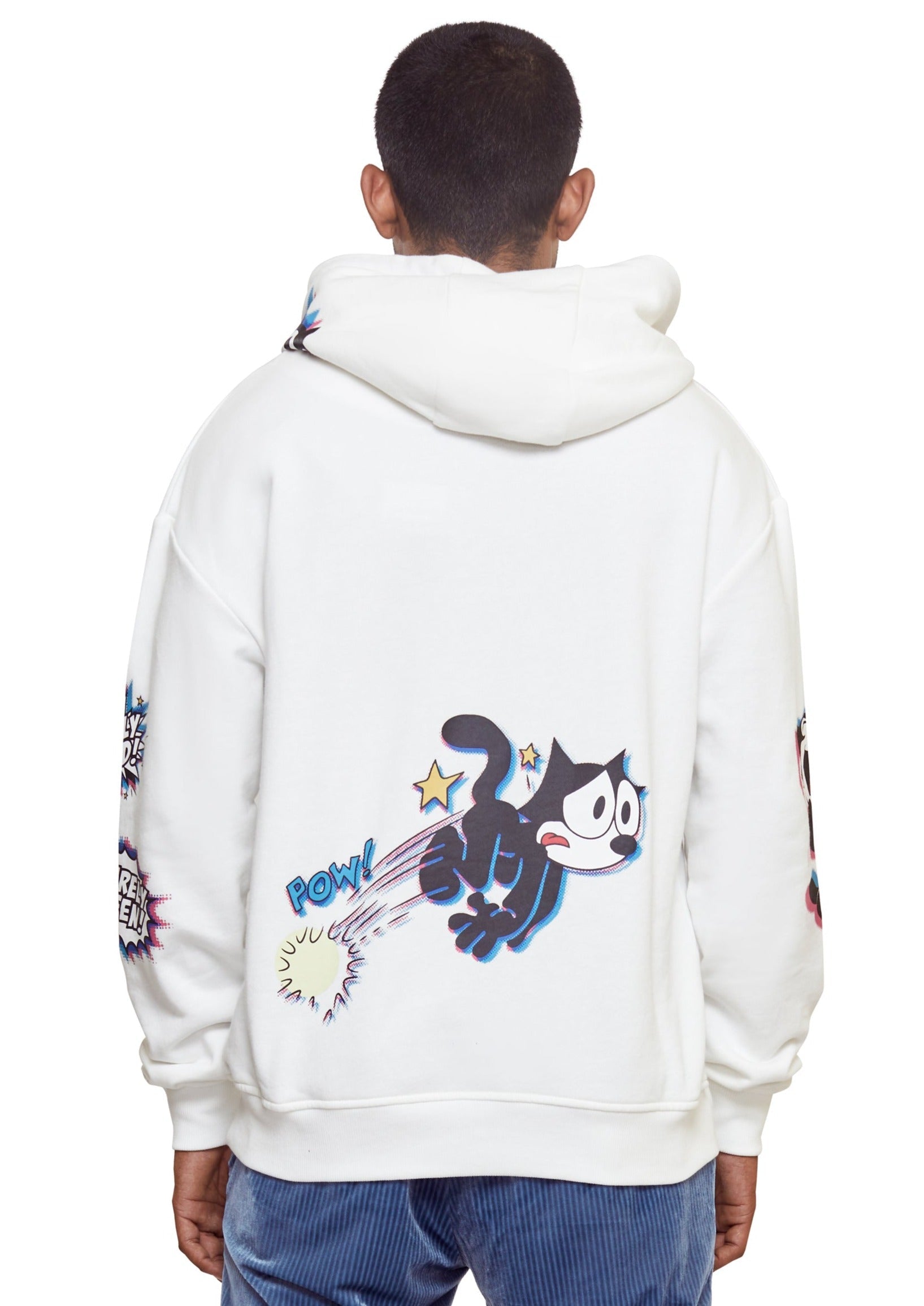 White Blurry felix the cat print Drop shoulder hoodie from the brand Mostly Heard Rarely Seen