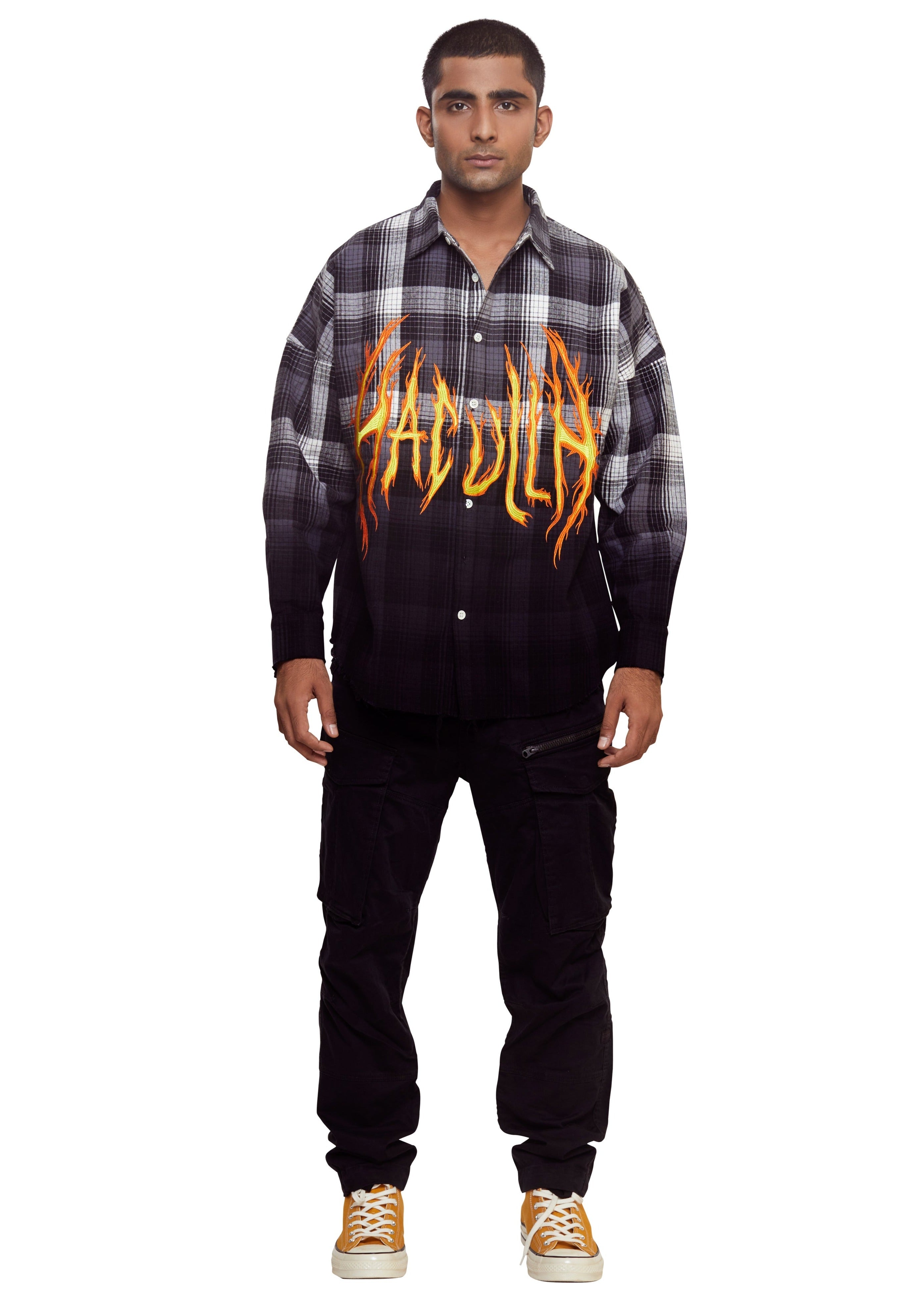Black full sleeves ombre print checkered shirt with a fire logo from the brand Haculla