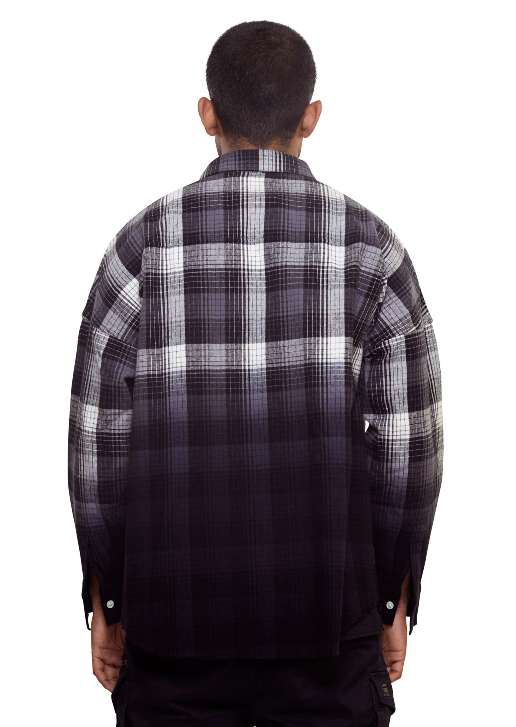 Black full sleeves ombre print checkered shirt with a fire logo from the brand Haculla