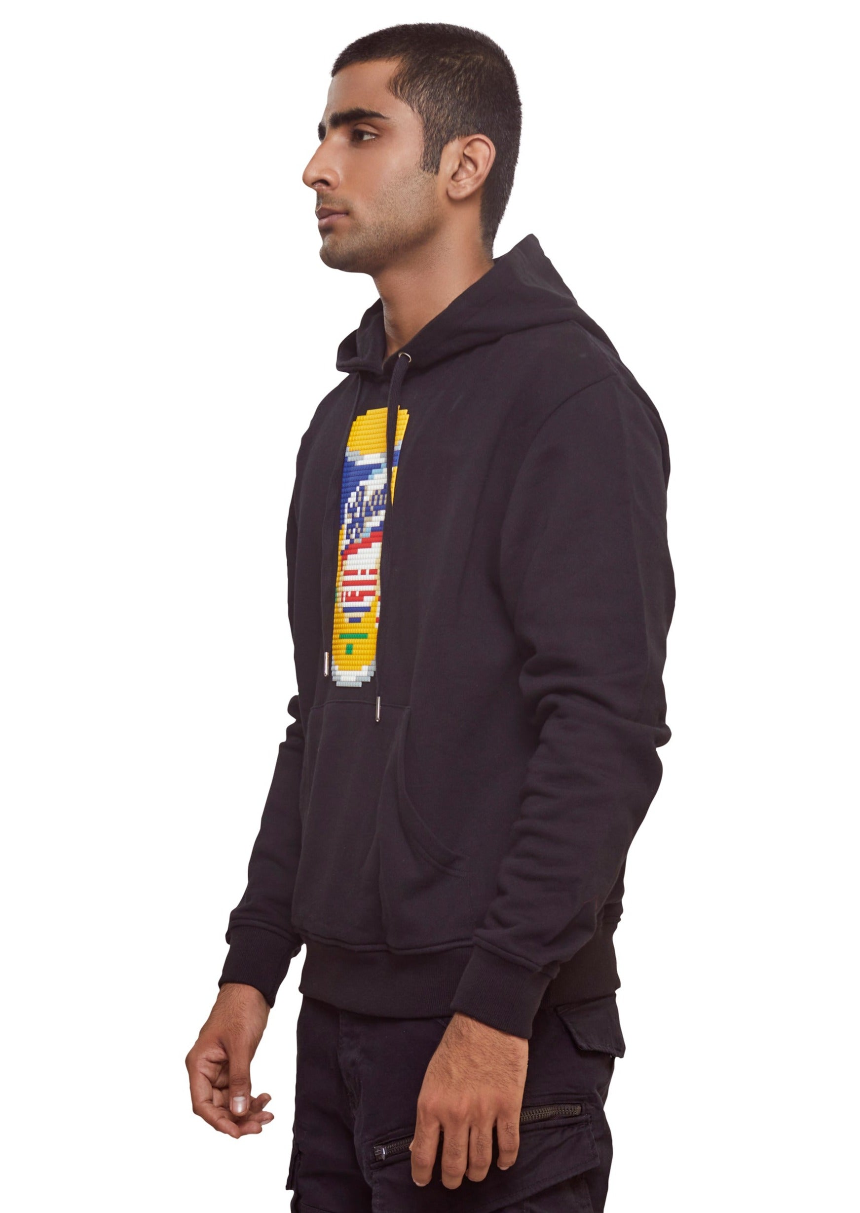 Black cotton hoodie with Signature "8-Bit" pixelated silicone appliquÃ© at chest and Slogan print at the back.