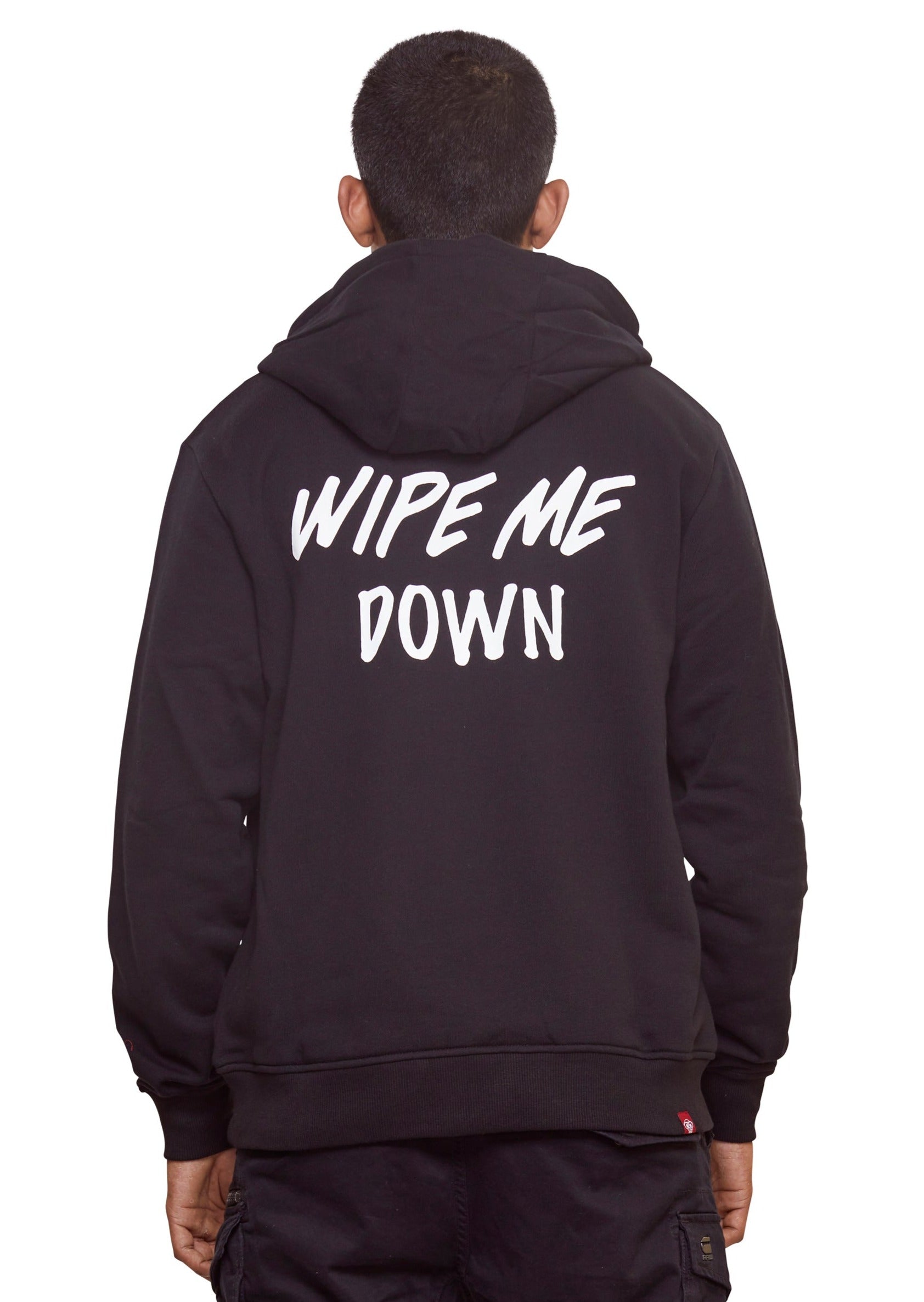 Black cotton hoodie with Signature "8-Bit" pixelated silicone appliquÃ© at chest and Slogan print at the back.
