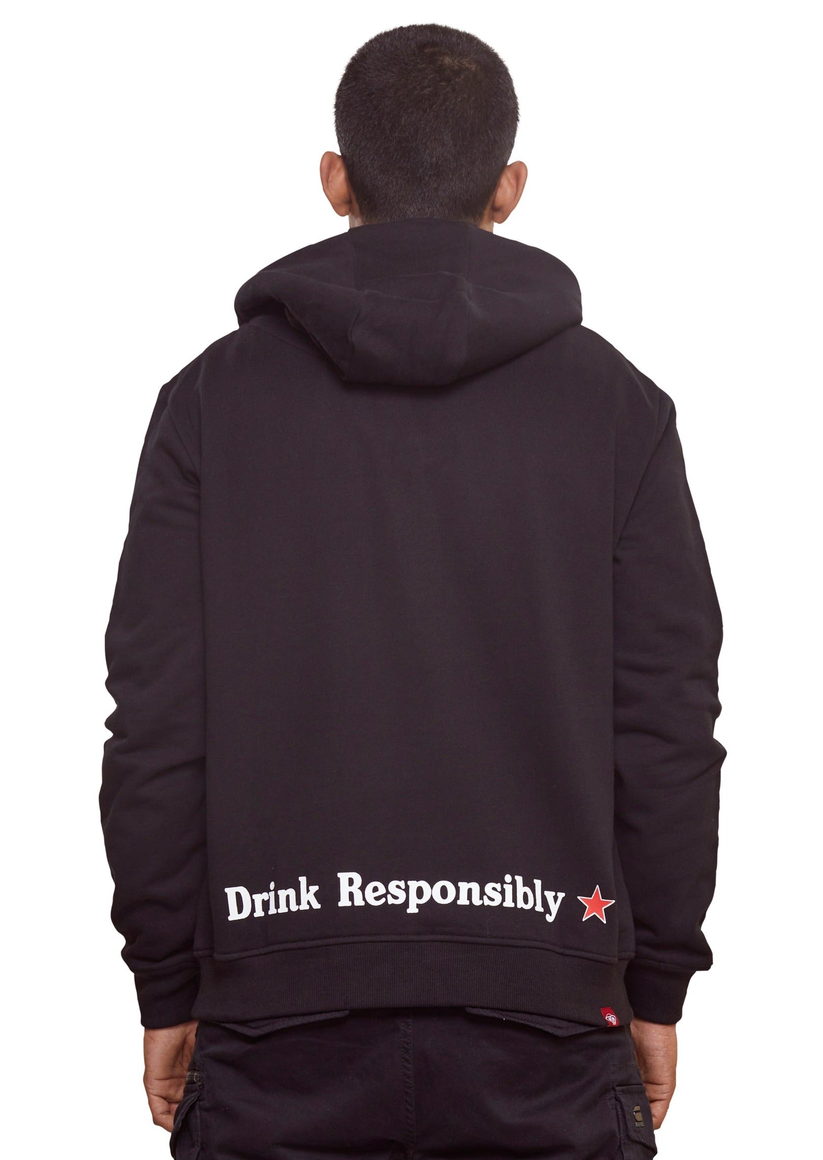 Black hoodie with draw strings and cuff sleeves that has a graphic green bottle print at the front and a slogan print at the back from the brand 8-Bit