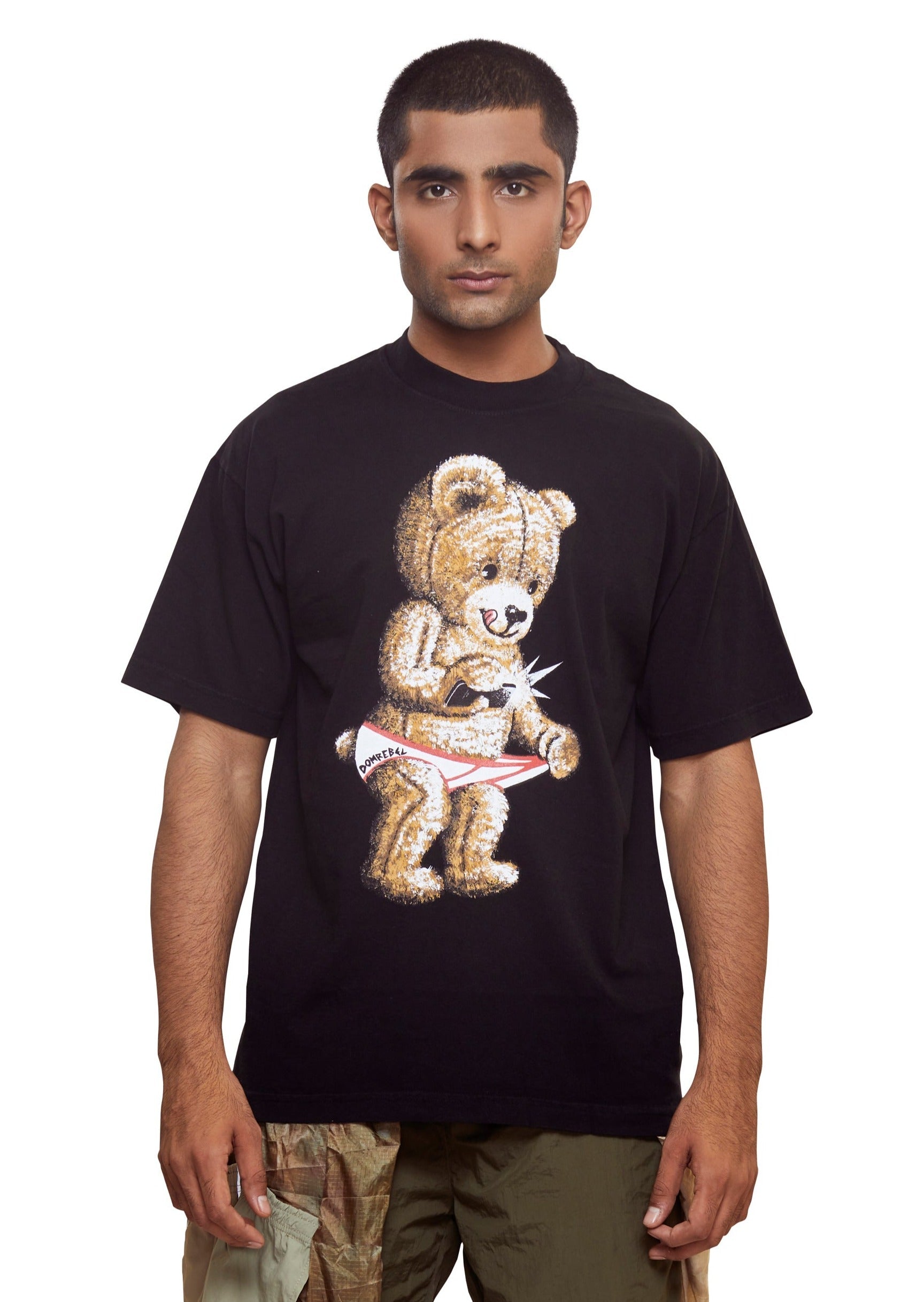 Black Graphic t-shirt by Dom Rebel in a medium weight 100% cotton fabric with a teddy bear print from the brand Domrebel