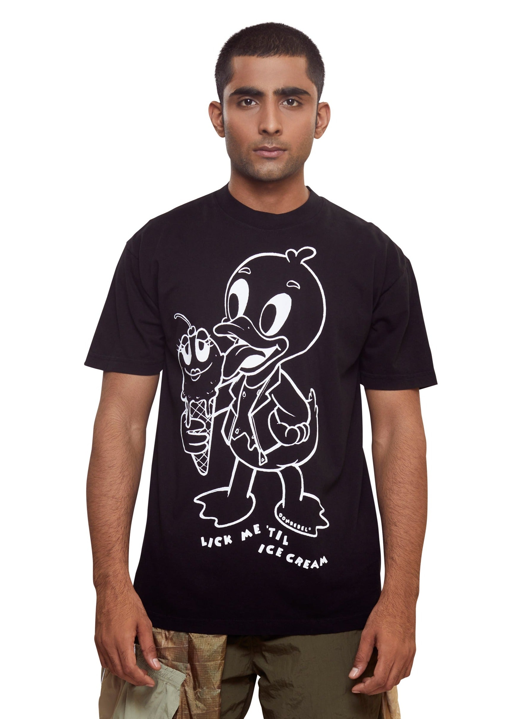 Black Graphic t-shirt by Dom Rebel in a medium weight 100% cotton fabric with the print of a duck eating an ice cream. Fit is regular and relaxed