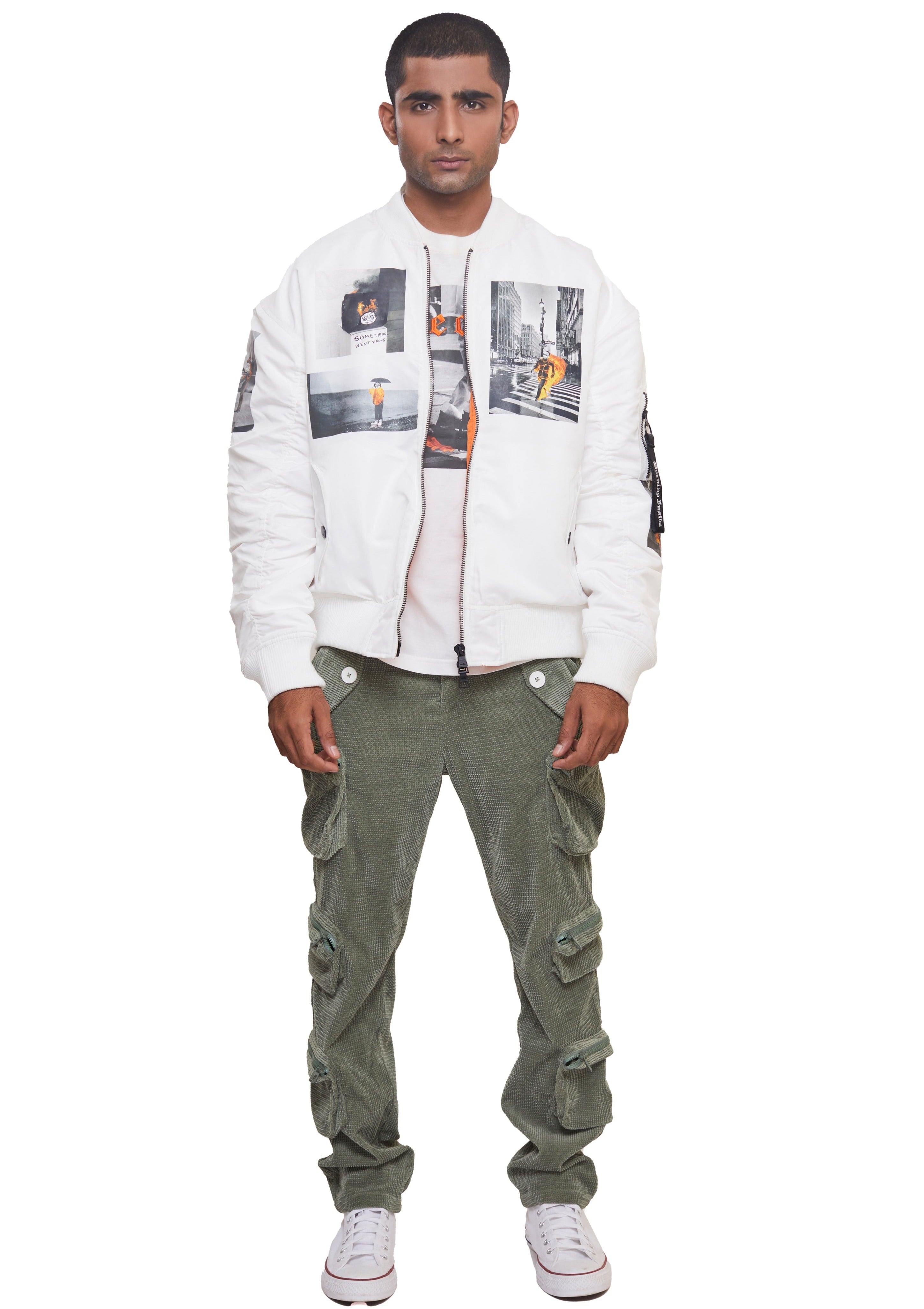 White Long-sleeved Drop shoulder Embroidered and Printed Bomber jacket from the brand Haculla