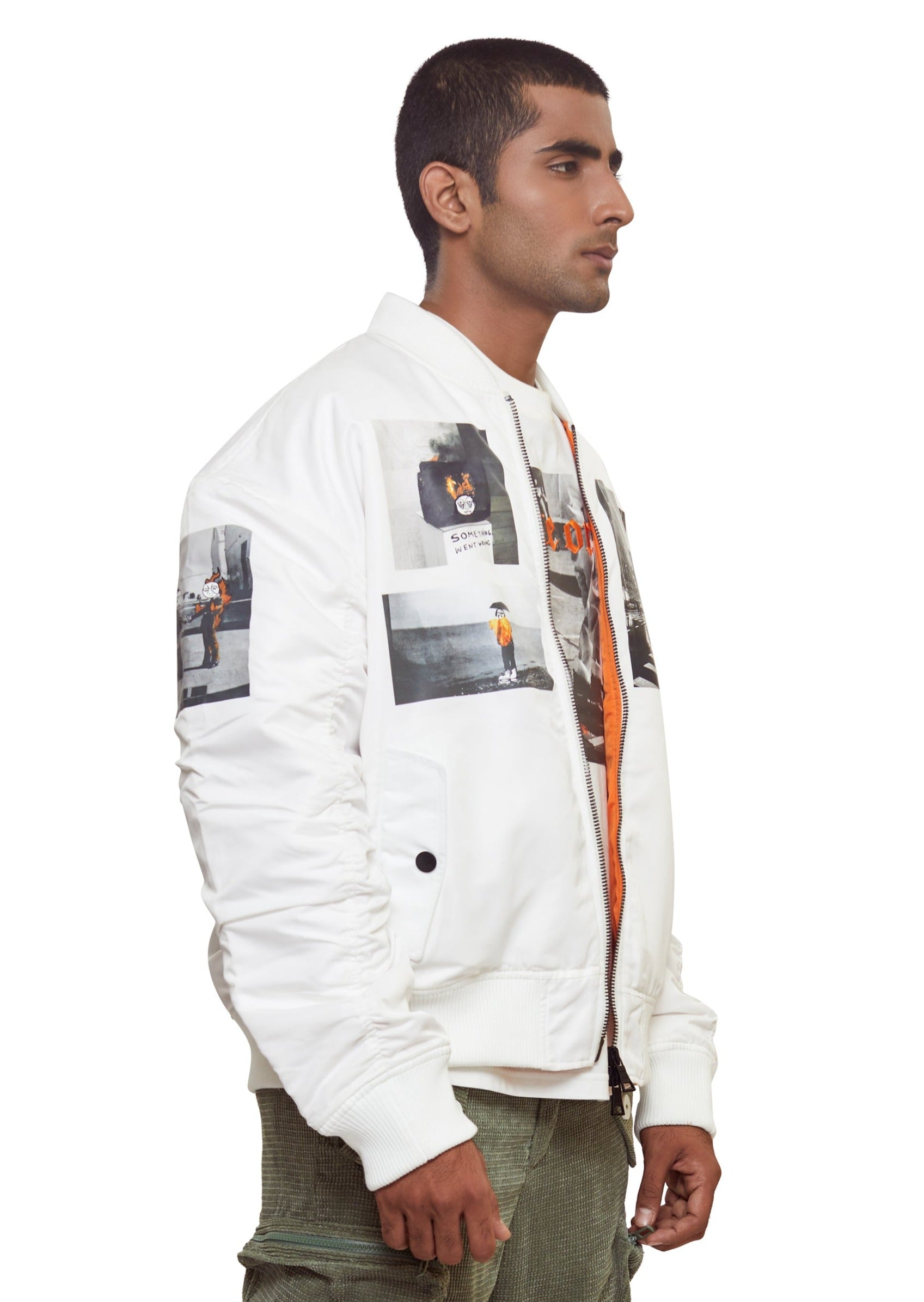 White Long-sleeved Drop shoulder Embroidered and Printed Bomber jacket from the brand Haculla