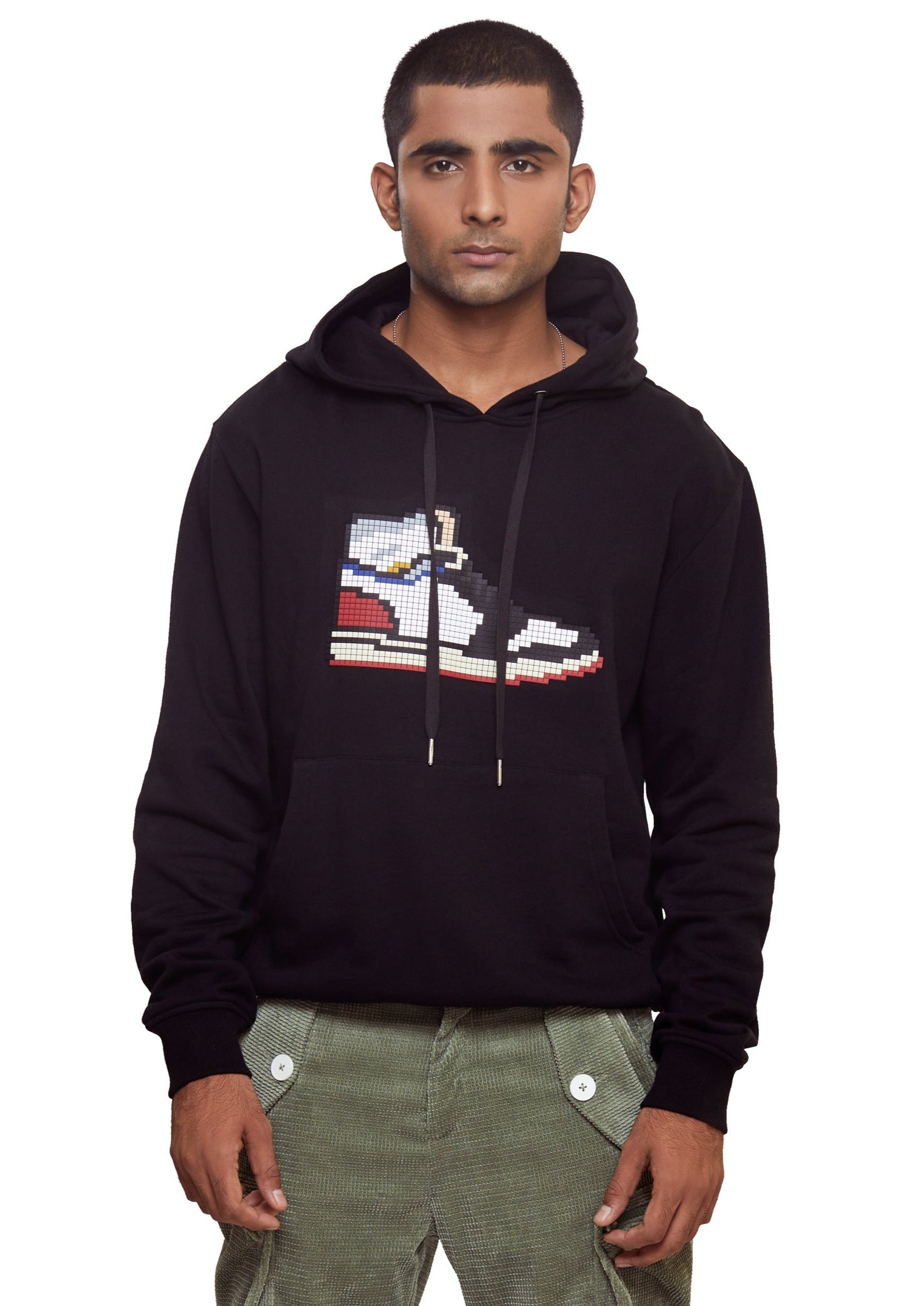 Black cotton graphic print drawstring hoodie with long sleeves and fitted-cuff sleeves from the brand 8-bit