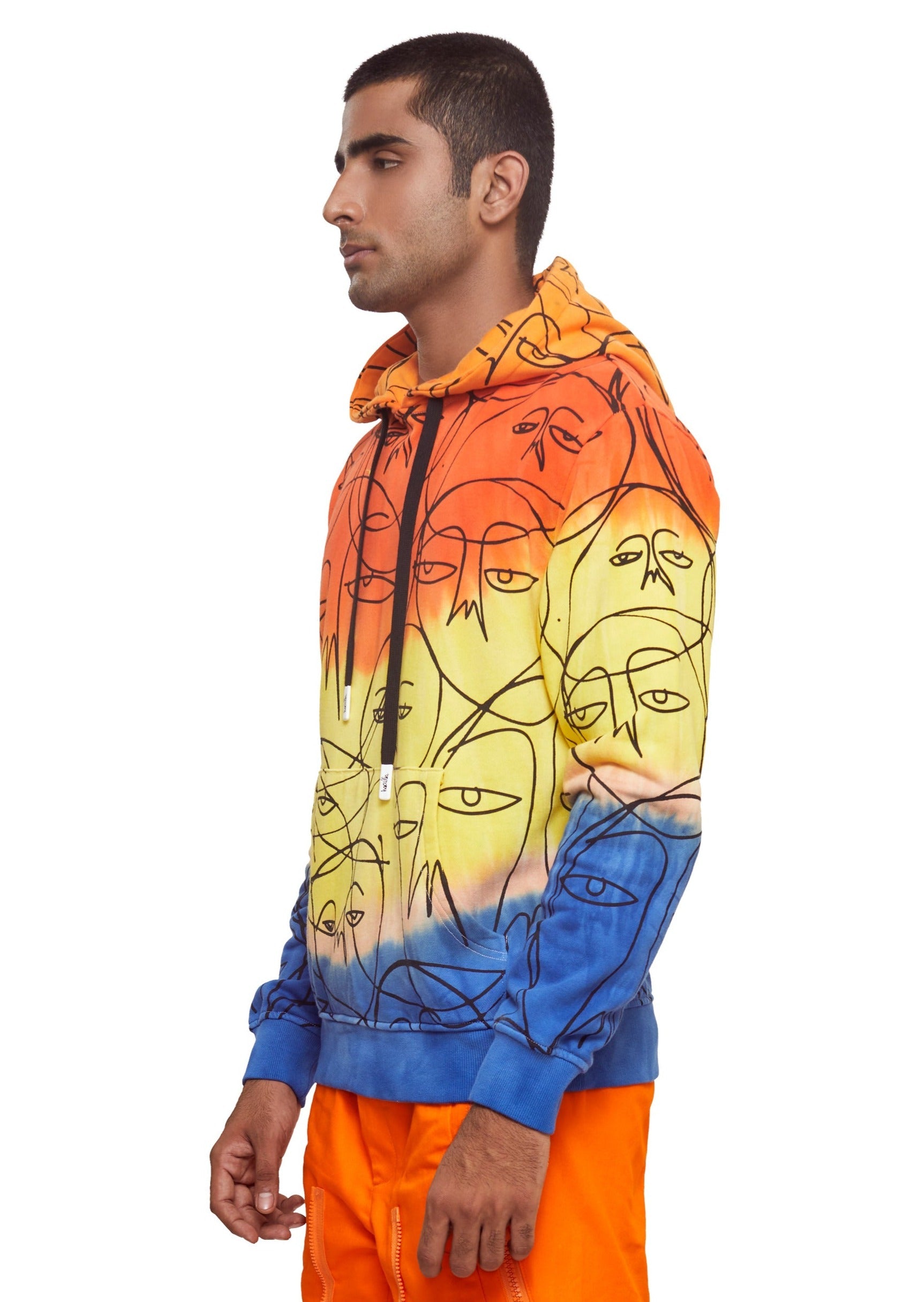 Orange, yellow and blue Cotton "One of a Kind" all-over printed, 5-color dip-dyed, over-sized pull-over hoodie from the brand Haculla