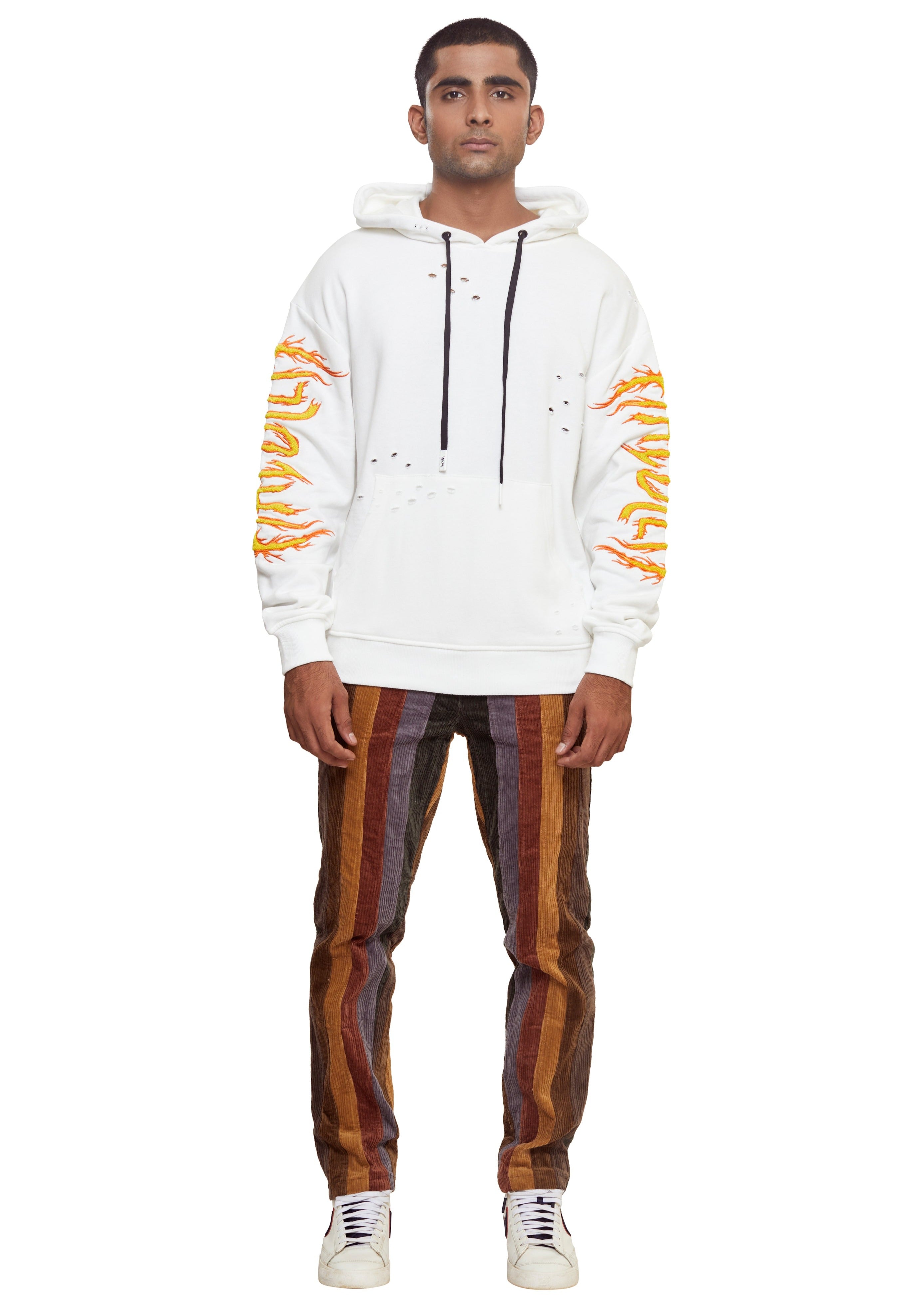 White Distressed cotton "Hac on Fire" embroidered over-sized drop shoulder pull-over hoodie from the brand Haculla