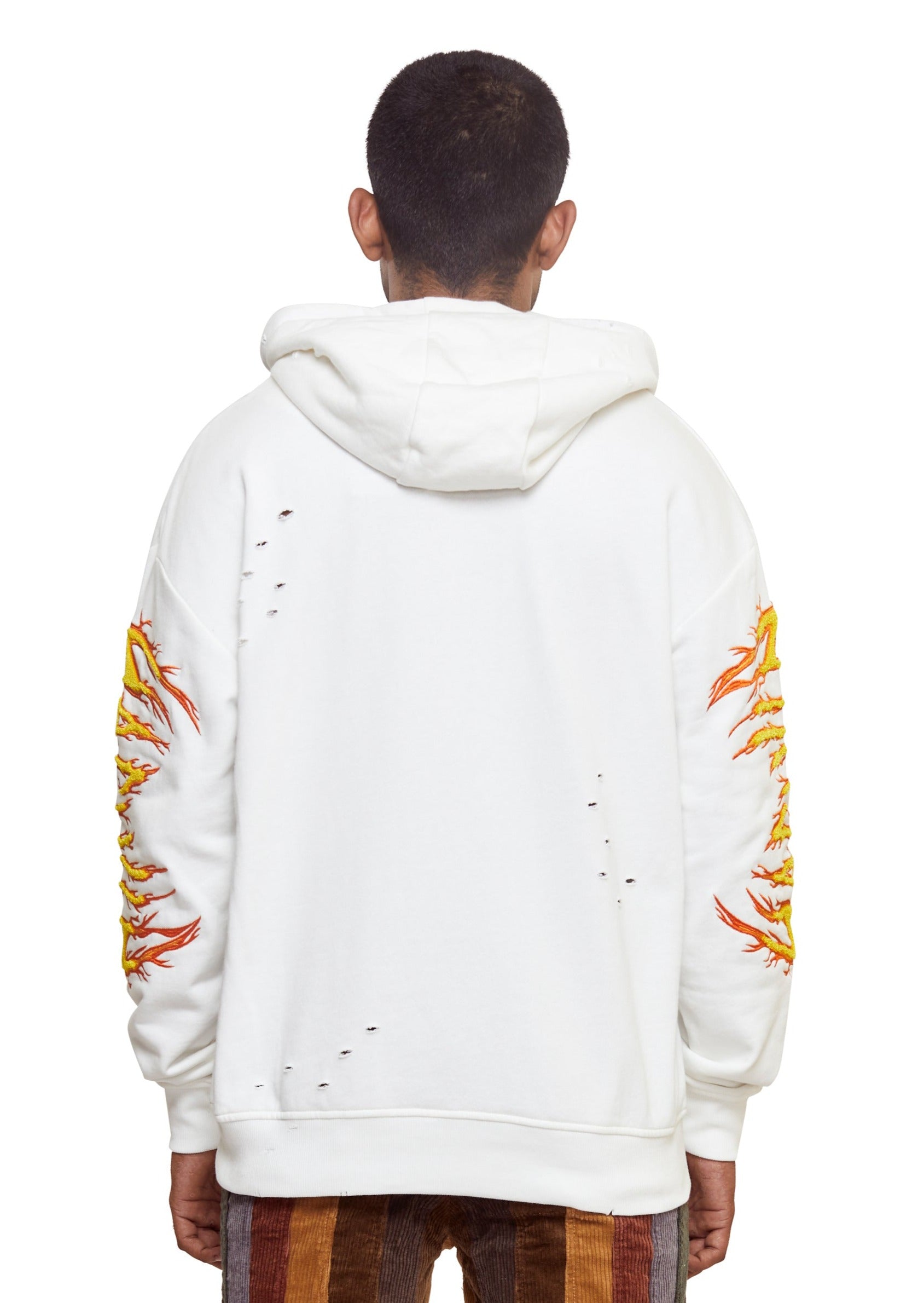White Distressed cotton "Hac on Fire" embroidered over-sized drop shoulder pull-over hoodie from the brand Haculla