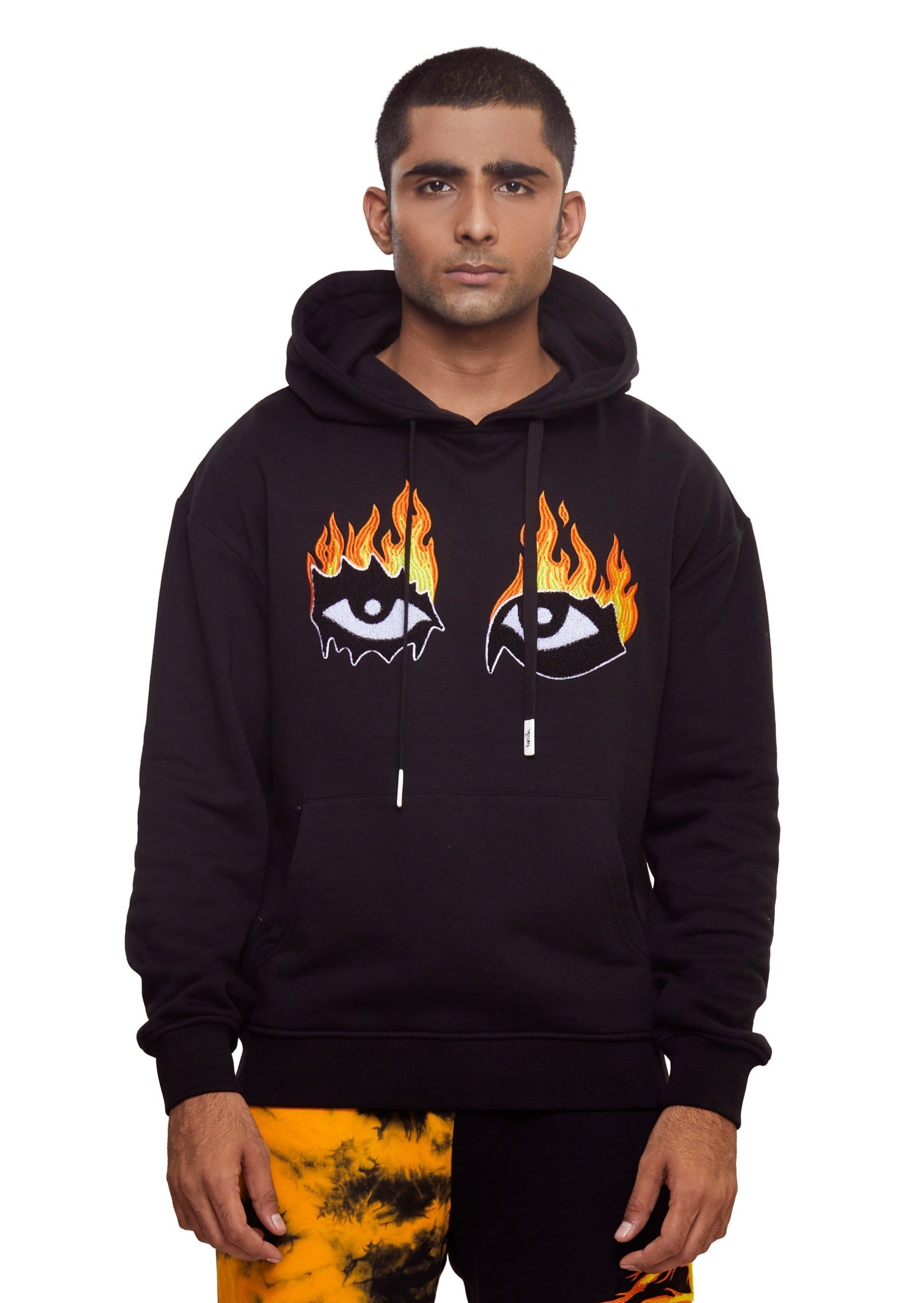 Black Cotton "Eyes on Fire" embroidered and printed over-sized drop shoulder pull-over hoodie from the brand Haculla