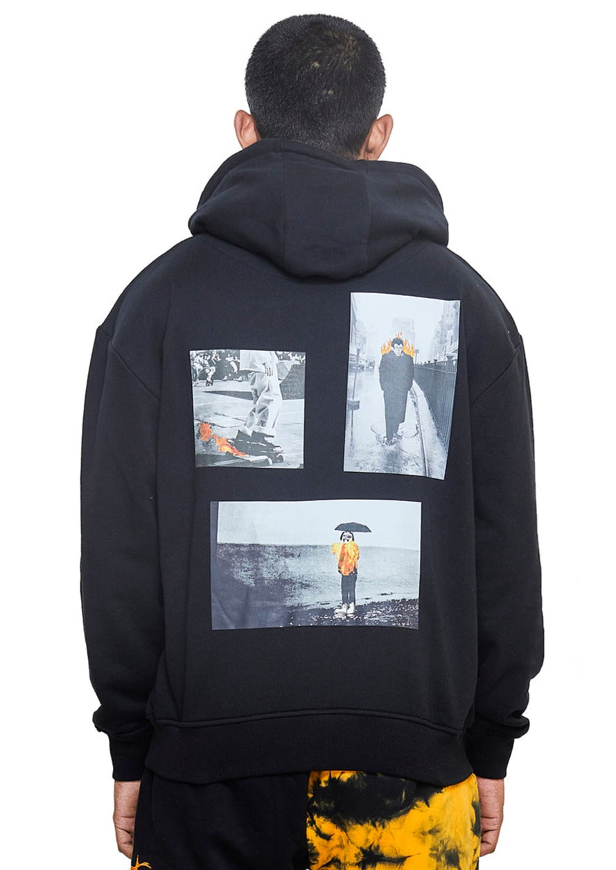 Black Cotton "Eyes on Fire" embroidered and printed over-sized drop shoulder pull-over hoodie from the brand Haculla