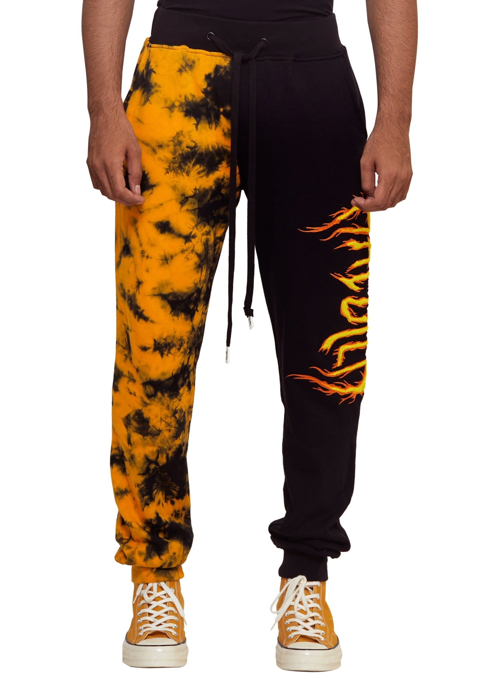 Yellow and black Tie dyed "Flames" graphic knit jogger from the brand Haculla