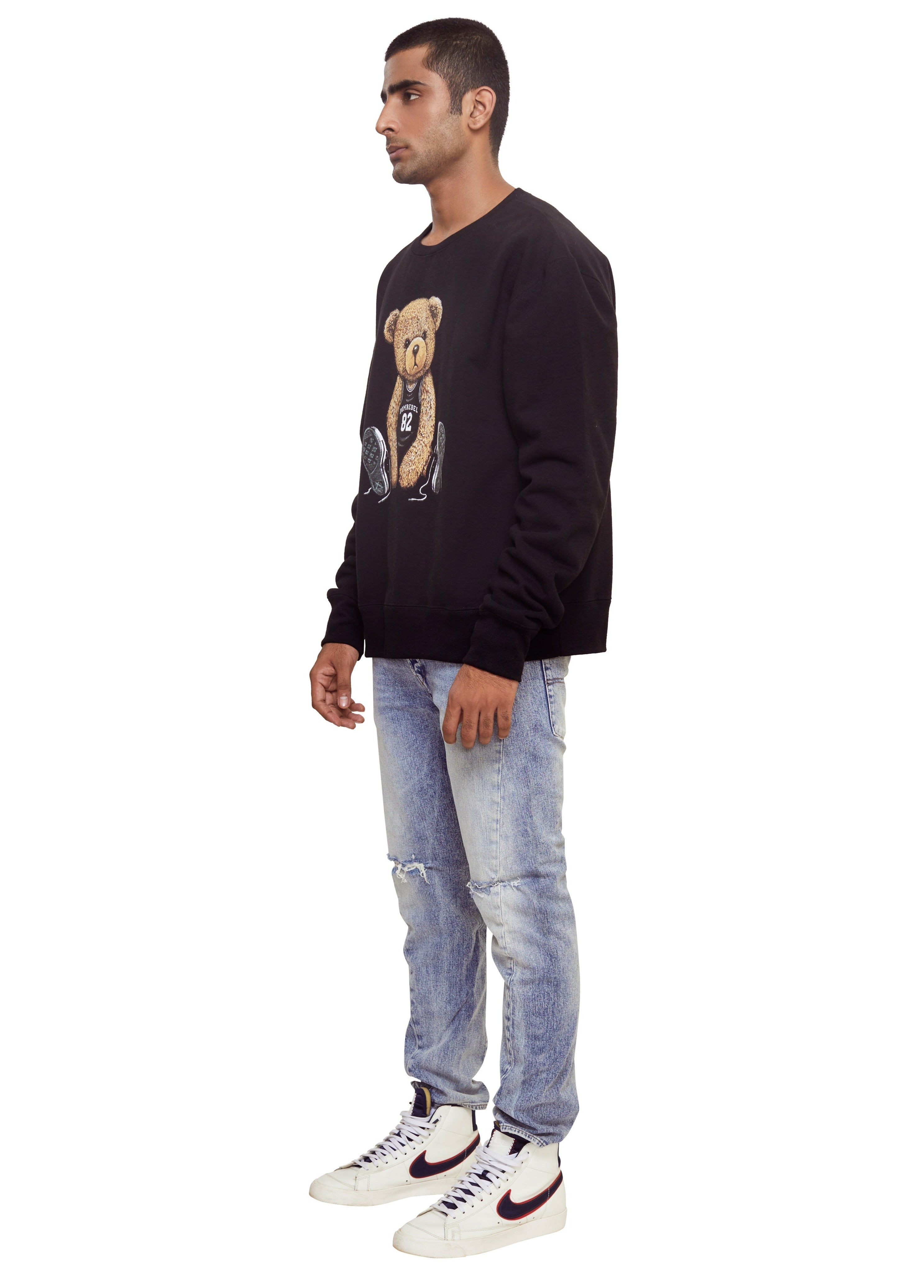 Black cotton ribbed detailed sweatshirt with a teddy bear print at the chest ,logo print to the rear with crew neck and long sleeves from the brand Domrebel