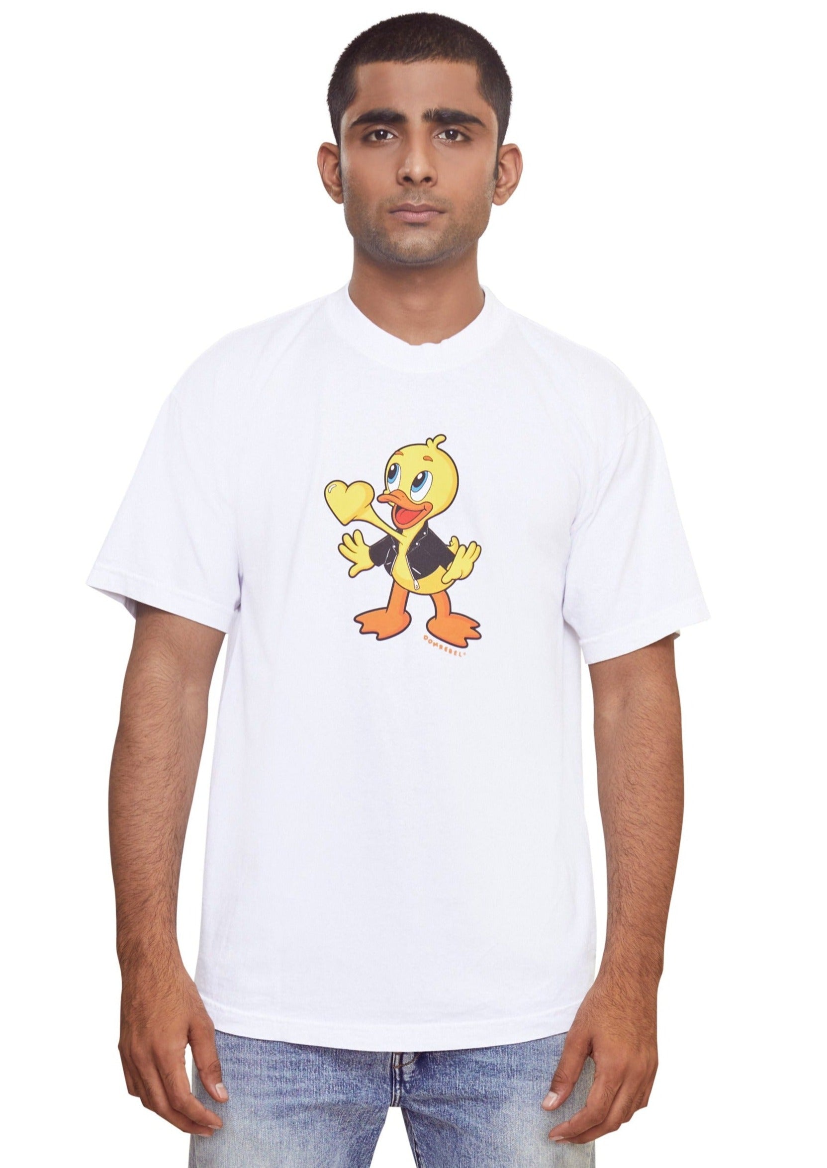White Graphic t-shirt by Dom Rebel in a medium weight 100% cotton fabric with duck print from the brand Domrebel