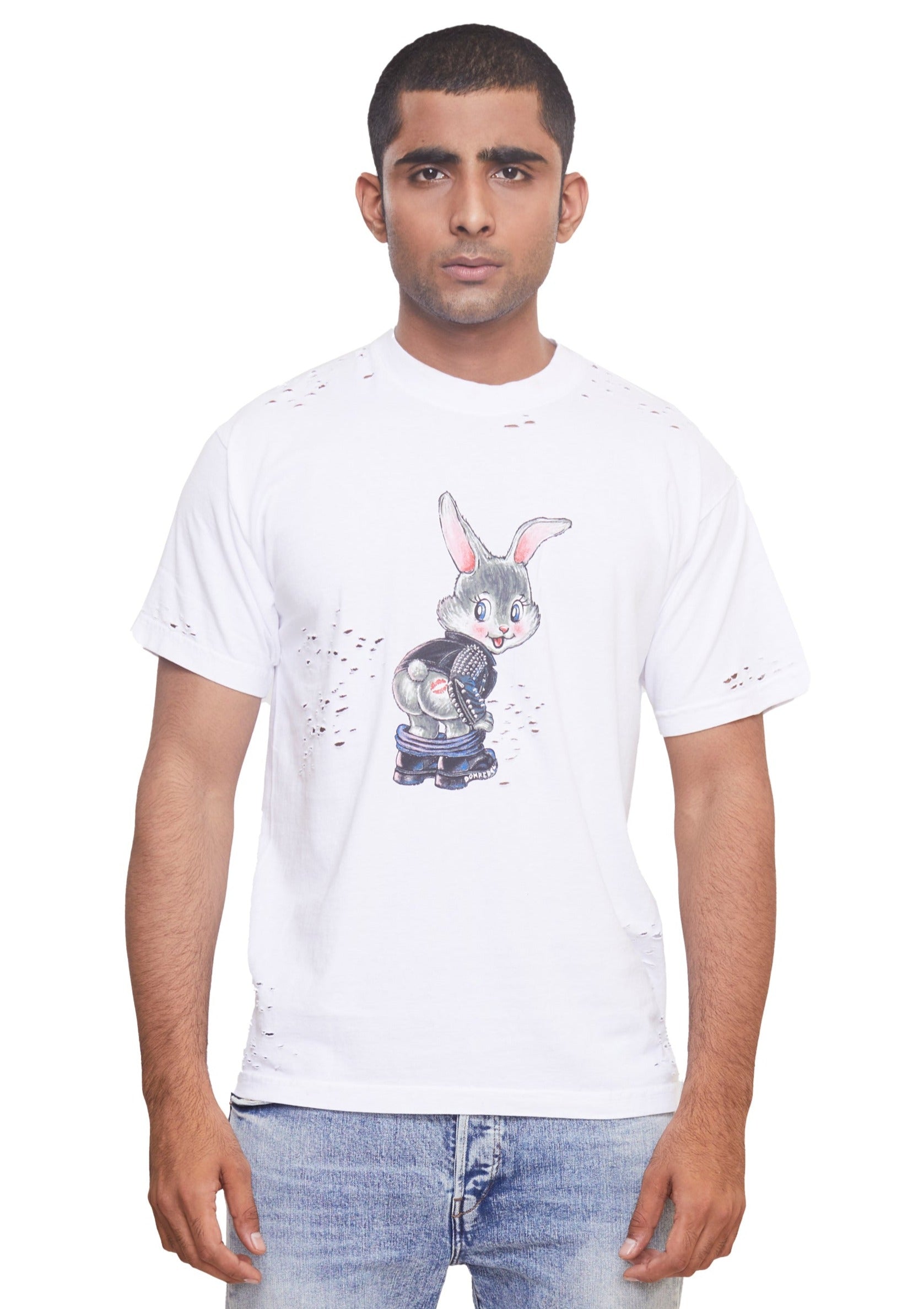 White Graphic t-shirt by Domrebel in a medium weight 100% cotton fabric with rabit print from the brand Domrebel