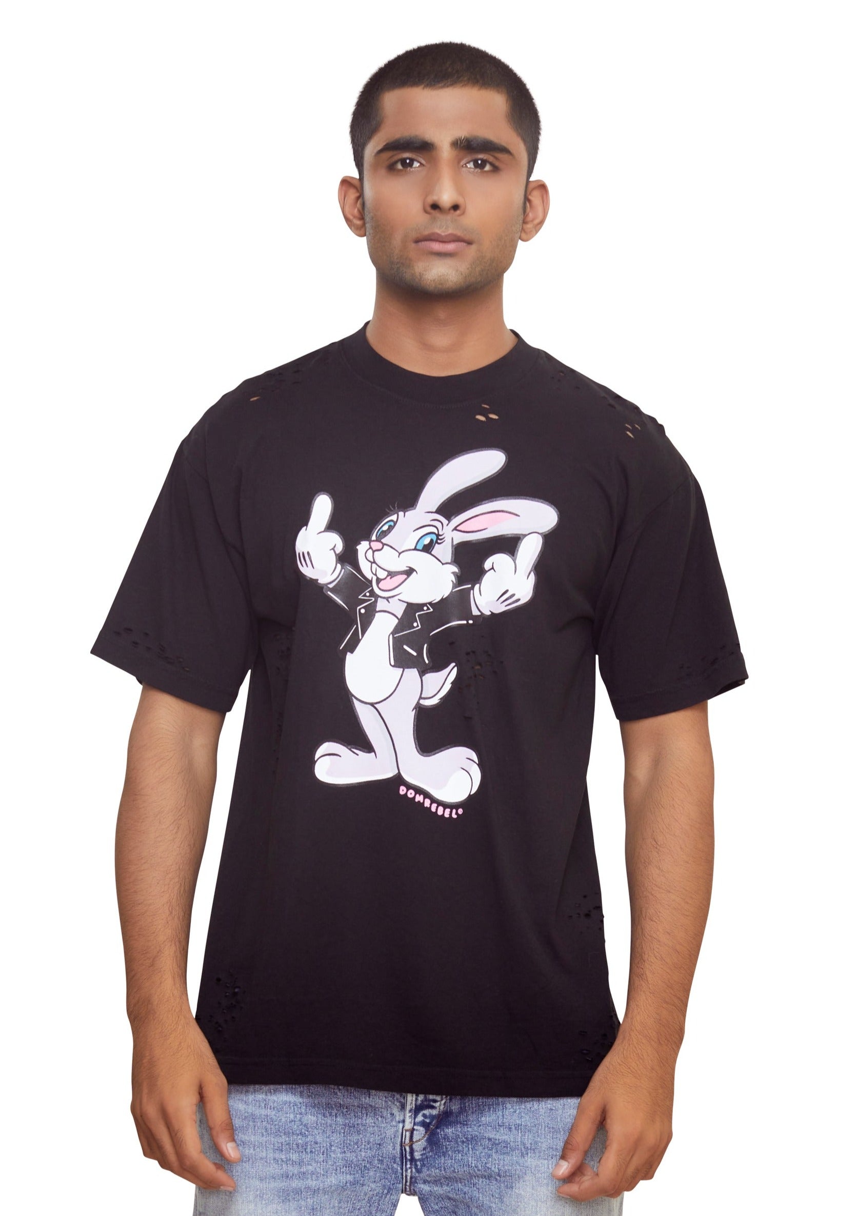Black Rabbit graphic-print distressed cotton T-shirt from the brand Domrebel