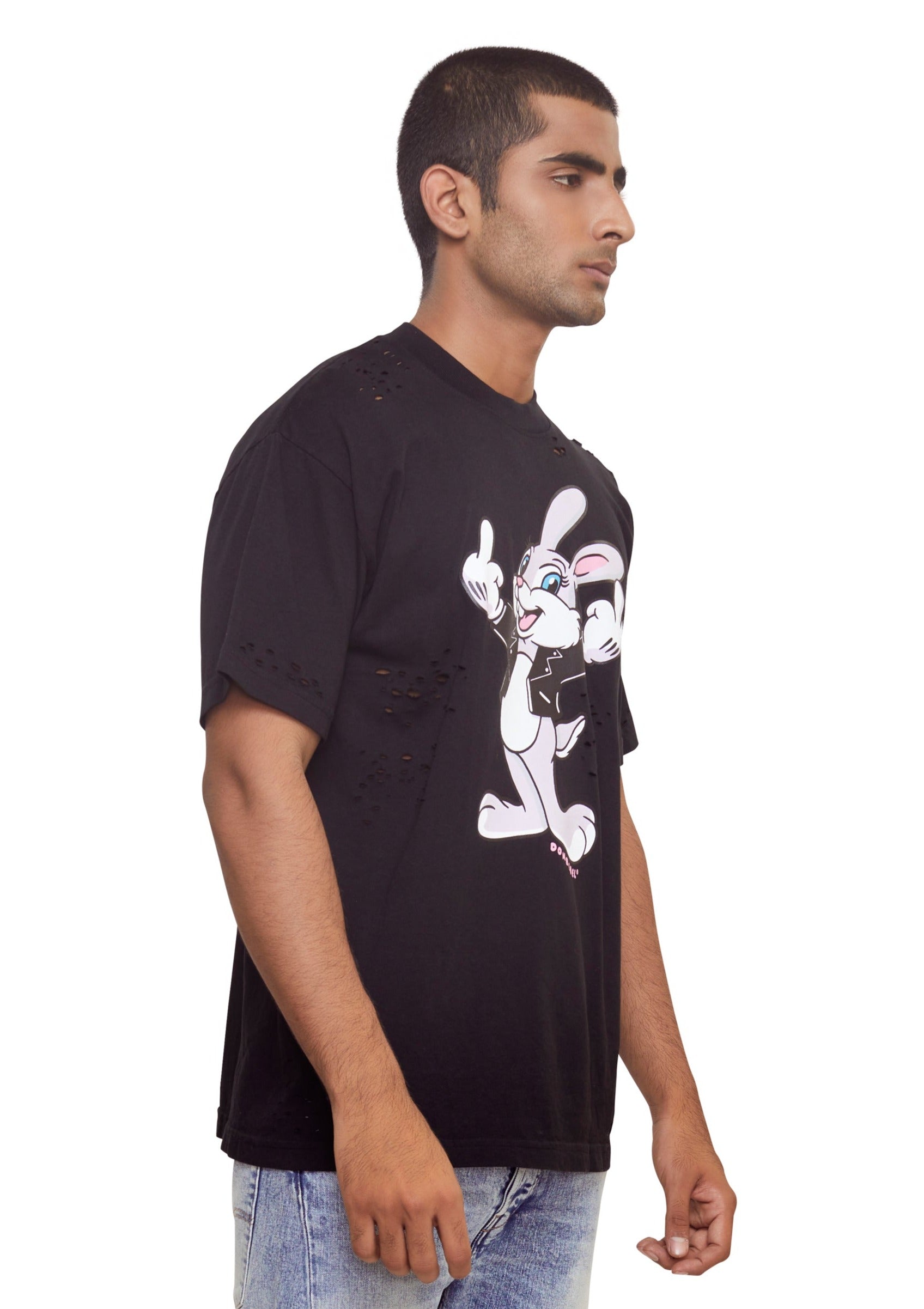 Black Rabbit graphic-print distressed cotton T-shirt from the brand Domrebel