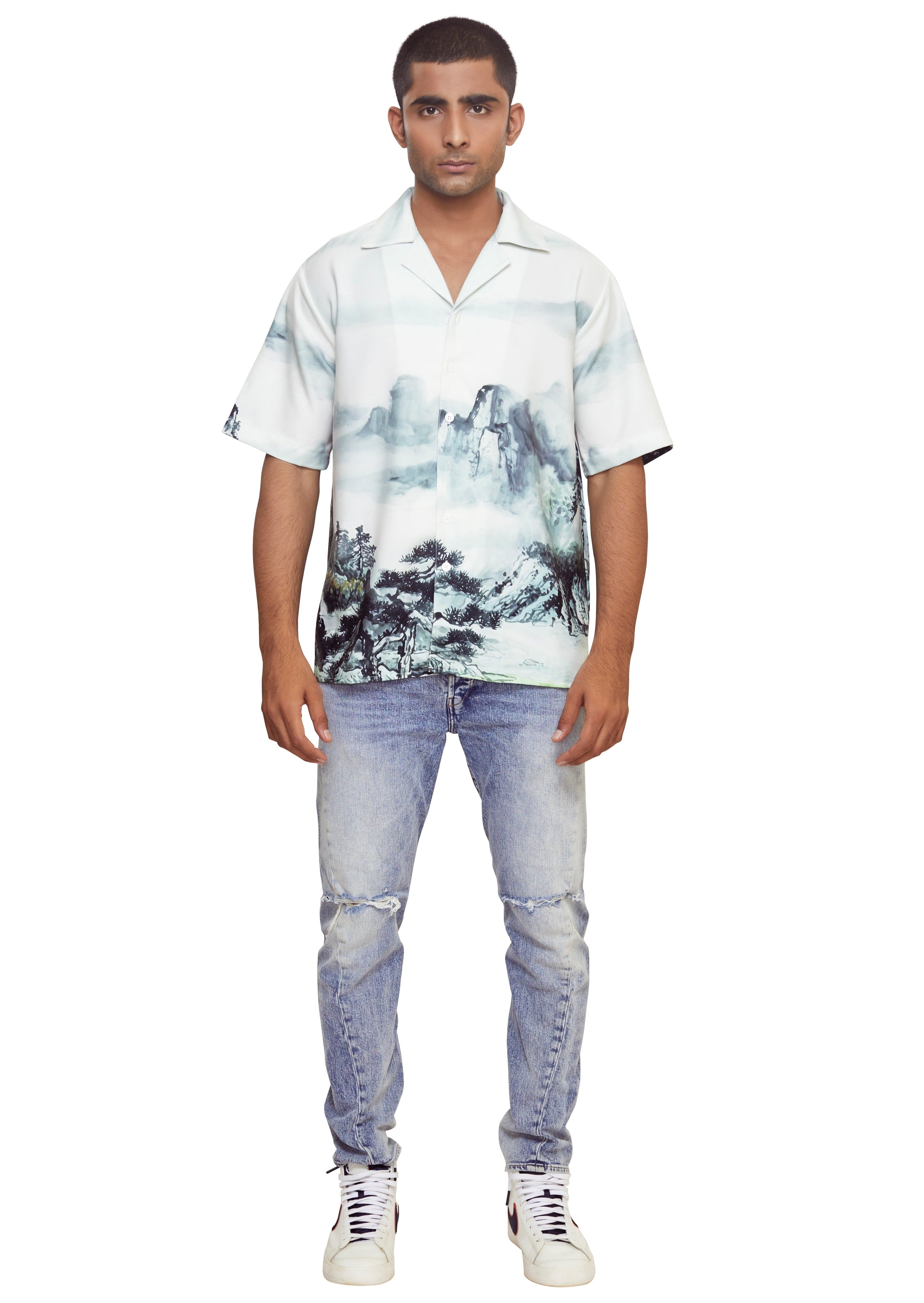 Blue and White Landscape Water Paint Short Sleeve button up shirt from the brand Yitai