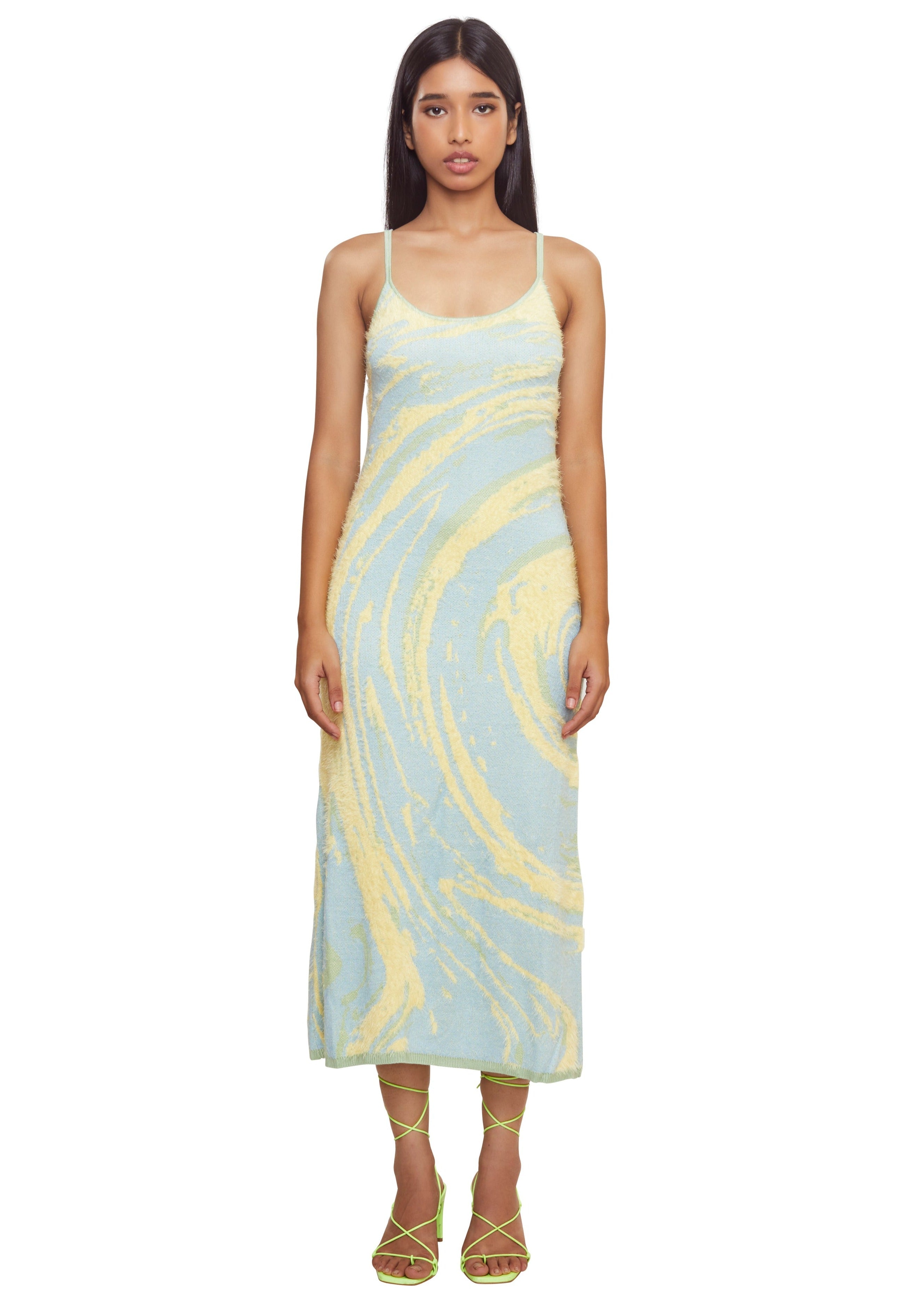 Blue and yellow classic super soft knitted hofs slip dress w/ swirl print inspired by a beautiful beach from the brand House Of Sunny
